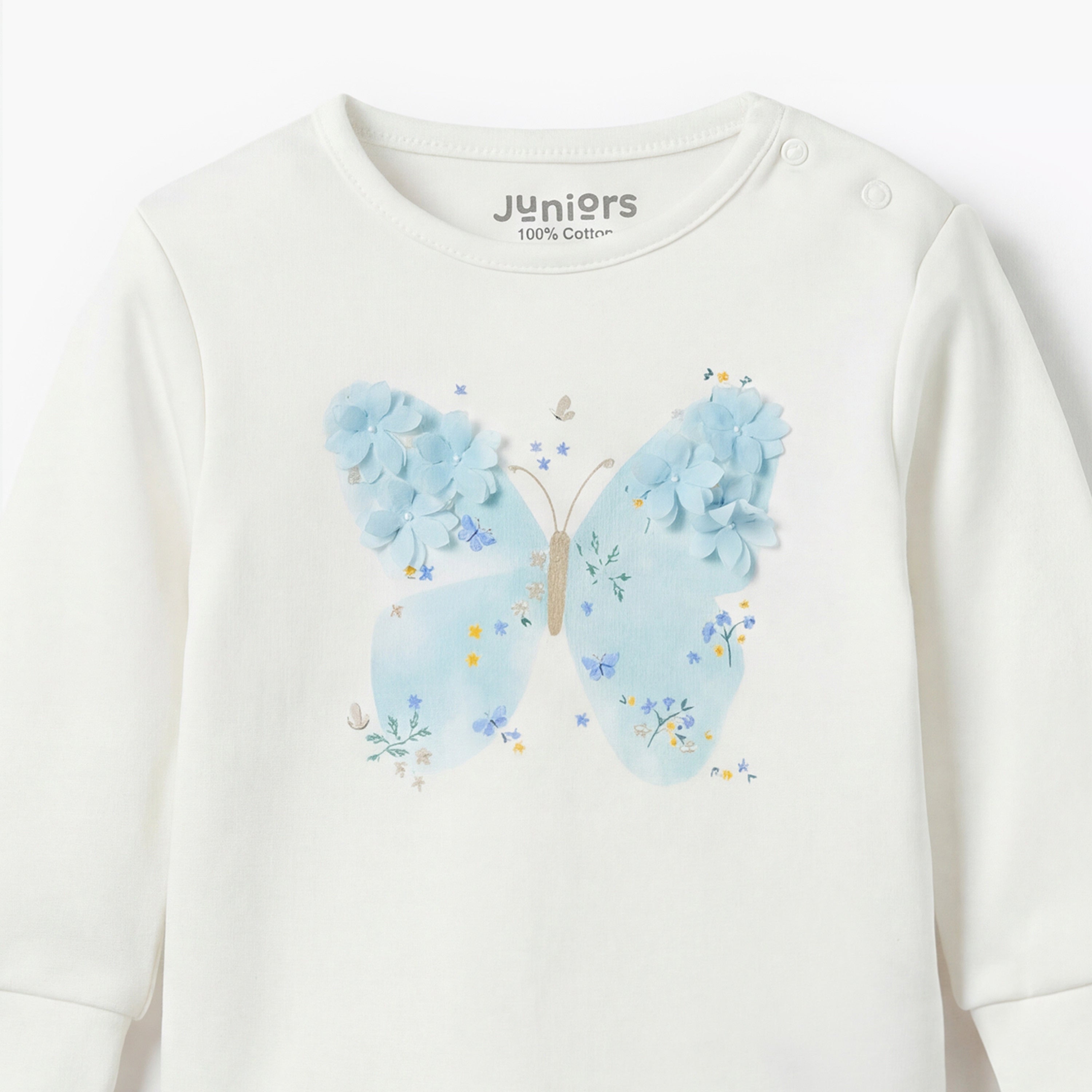 Juniors Cotton Long Sleeves Pyjama Set with Floral Applique Detail