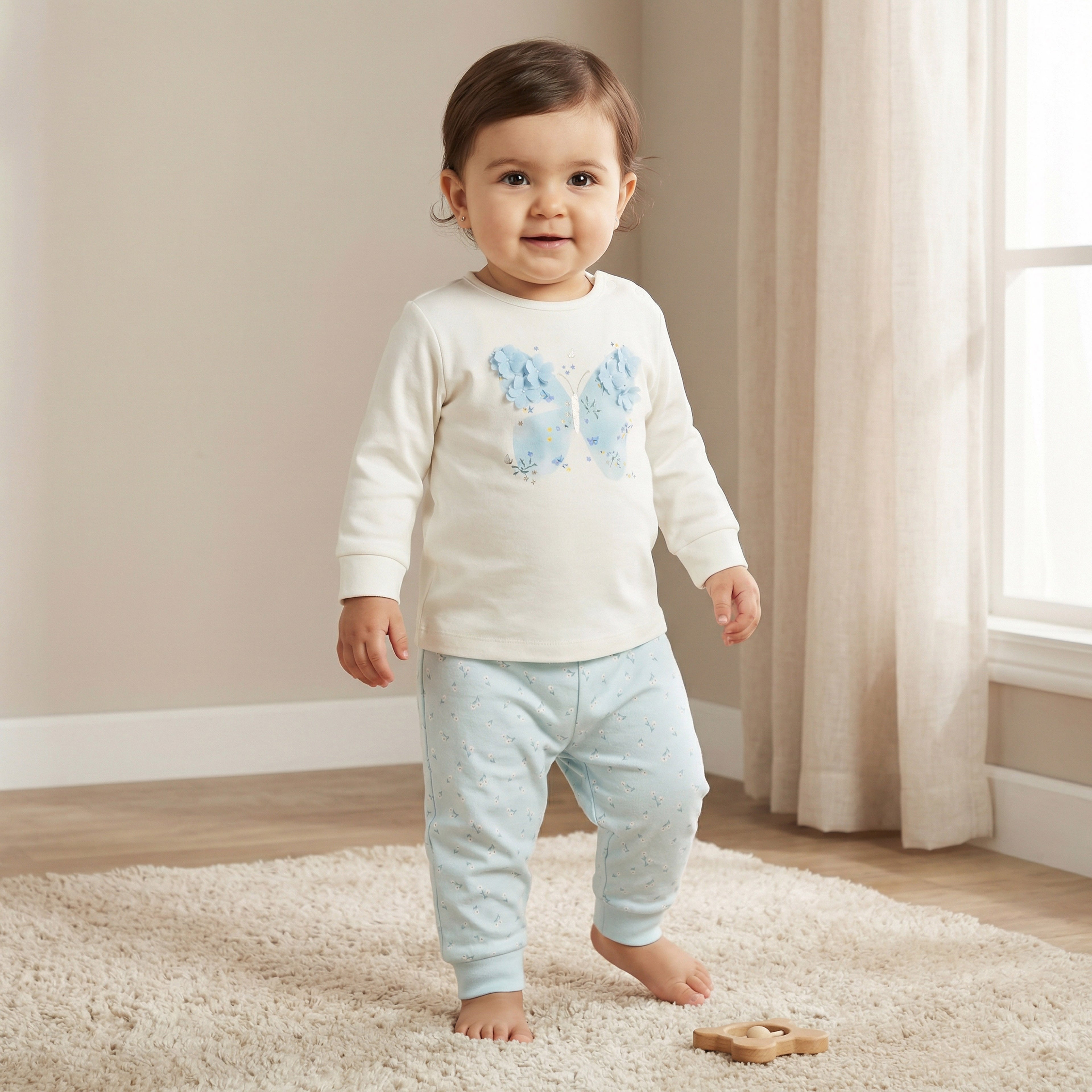 Juniors Cotton Long Sleeves Pyjama Set with Floral Applique Detail
