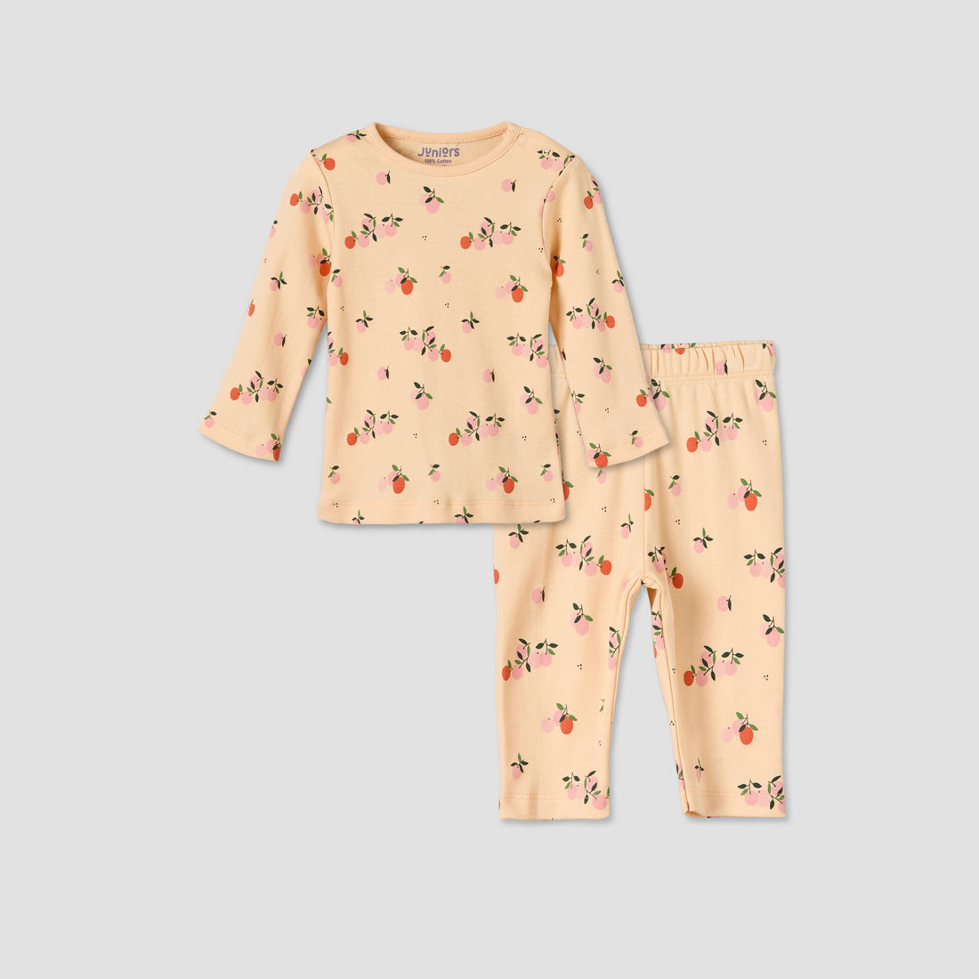 Juniors Cotton Round Neck Long Sleeves Pyjama Set with Orange Print