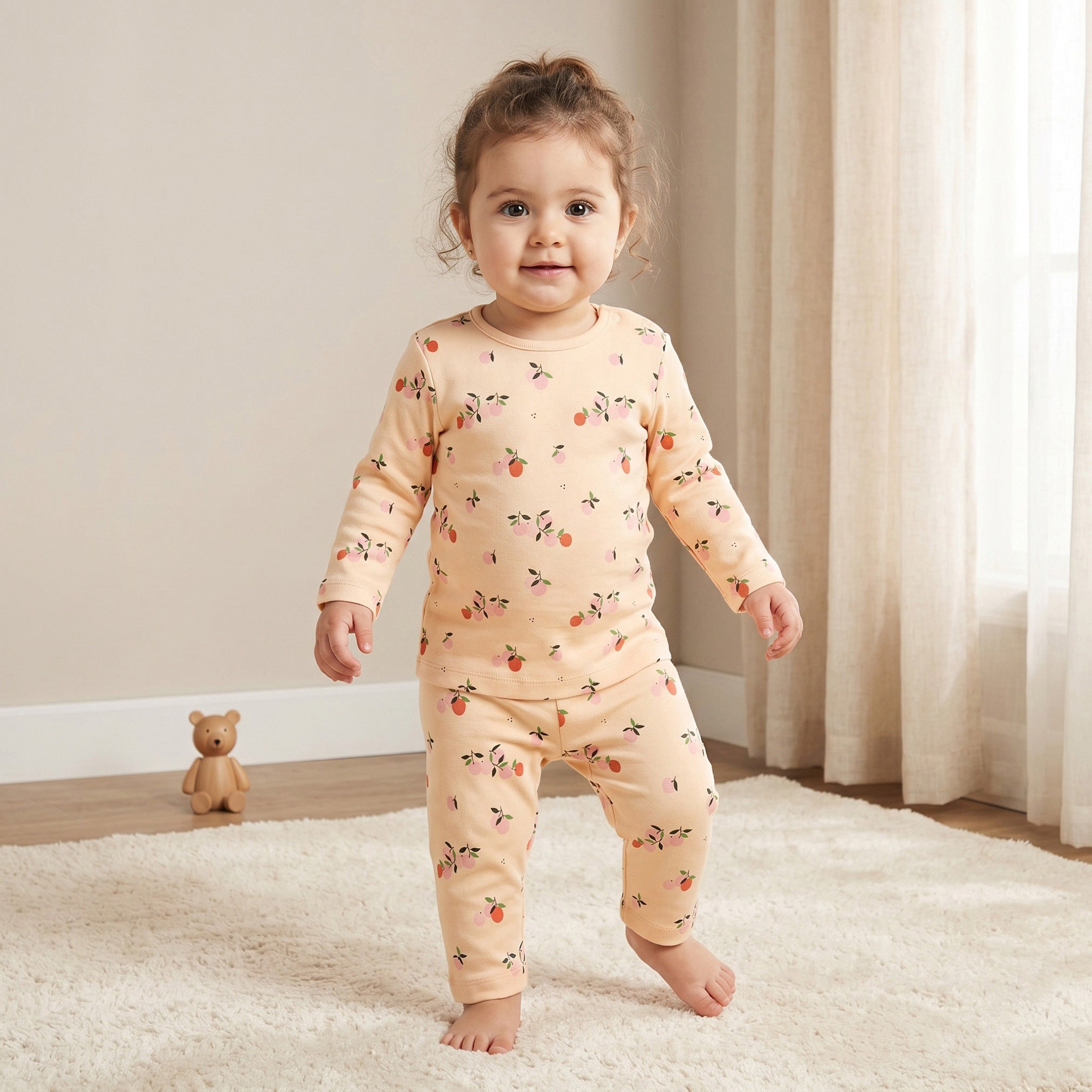 Juniors Cotton Round Neck Long Sleeves Pyjama Set with Orange Print