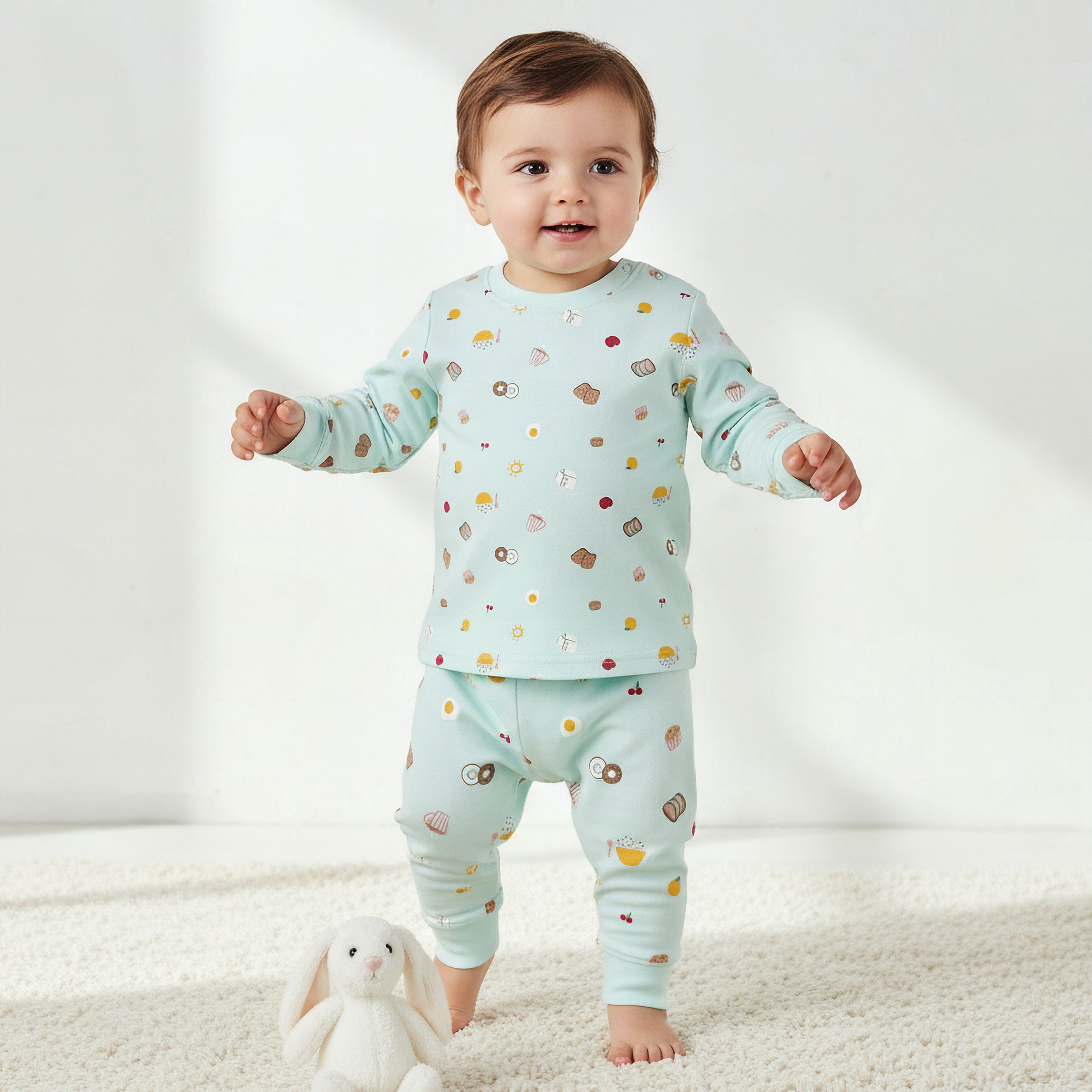 Juniors Cotton Crew Neck Long Sleeves Pyjama Set with Print