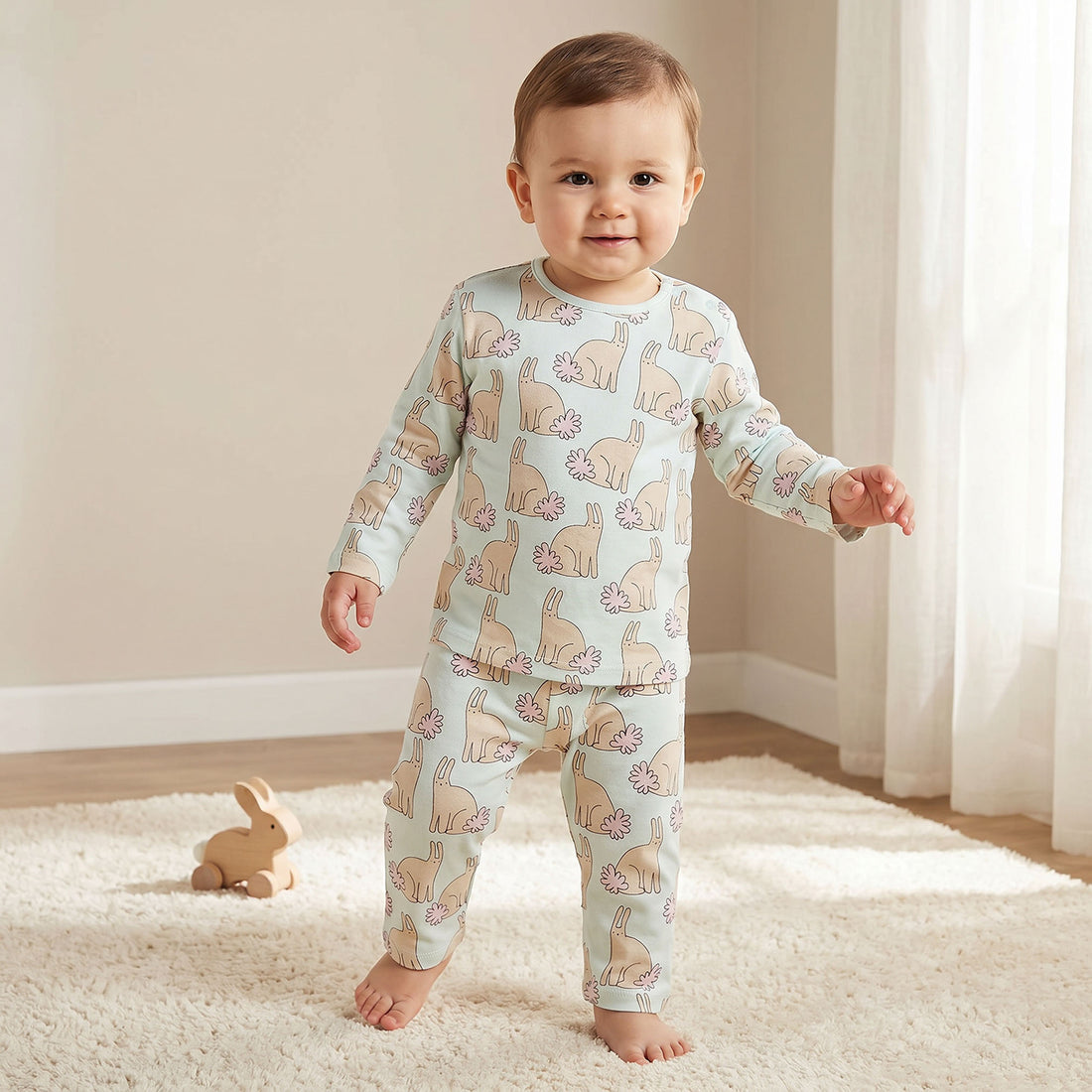 Juniors Bunny Print T-shirt and Pyjama Set - Green / 12-18 mths