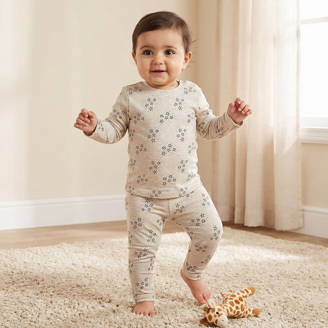 Juniors Star Print T-shirt and Pyjama Set - Beige / 12-18 mths