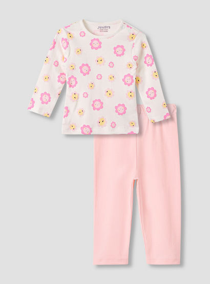 Juniors Smiley Print T-shirt and Pyjama Set-baby-girls-clothing-nightwear-pyjamasets-image-1