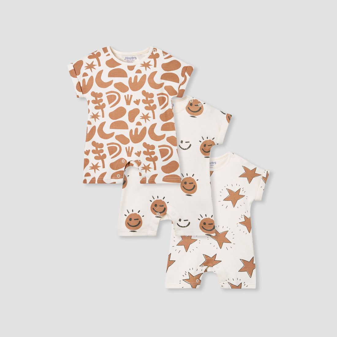 Juniors Printed Romper with Short Sleeves - Set of 3 - Beige / 12-18 mths