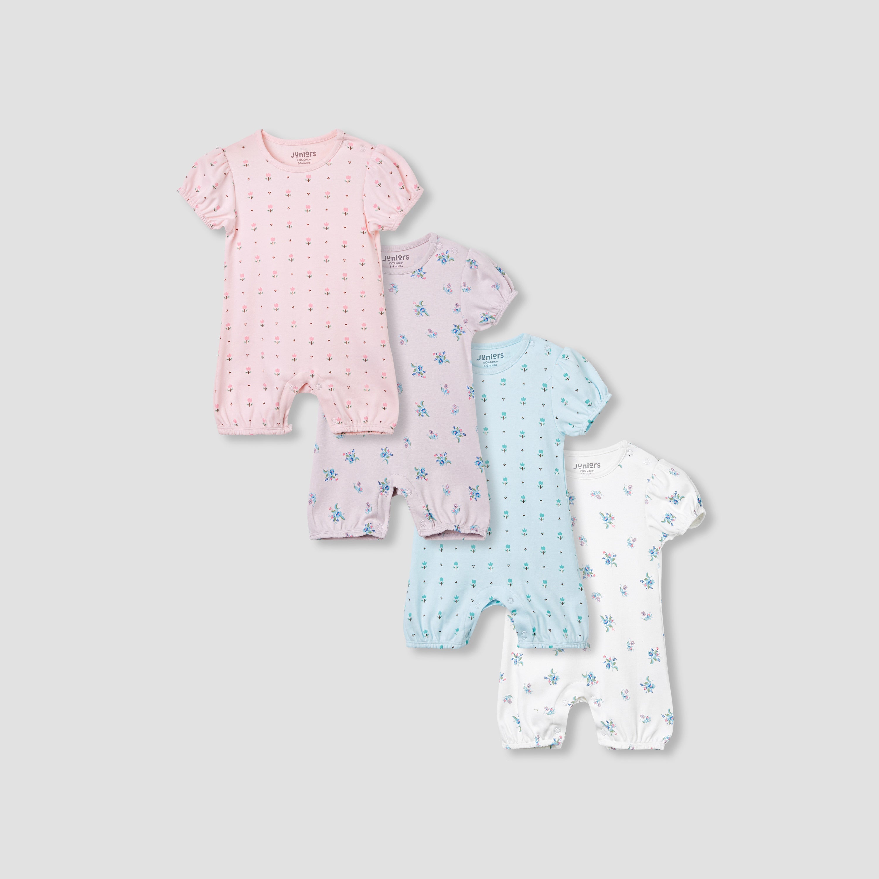 Juniors Floral Print Romper with Puff Sleeves - Set of 4 - Multicolour / 12-18 mths