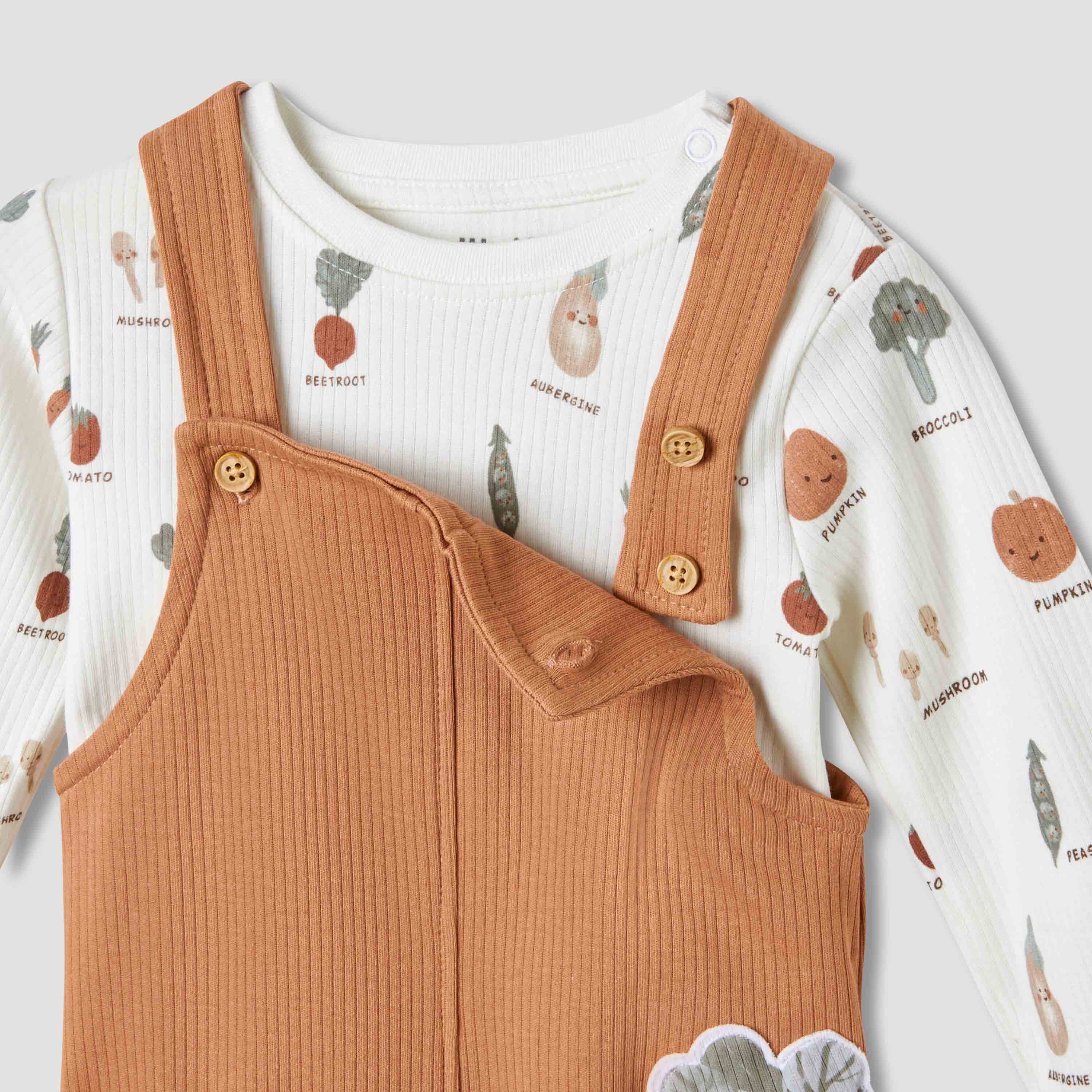 Juniors Boys T-shirt and Dungaree Set with Vegetable Print - Cotton - Long Sleeves - Crew Neck