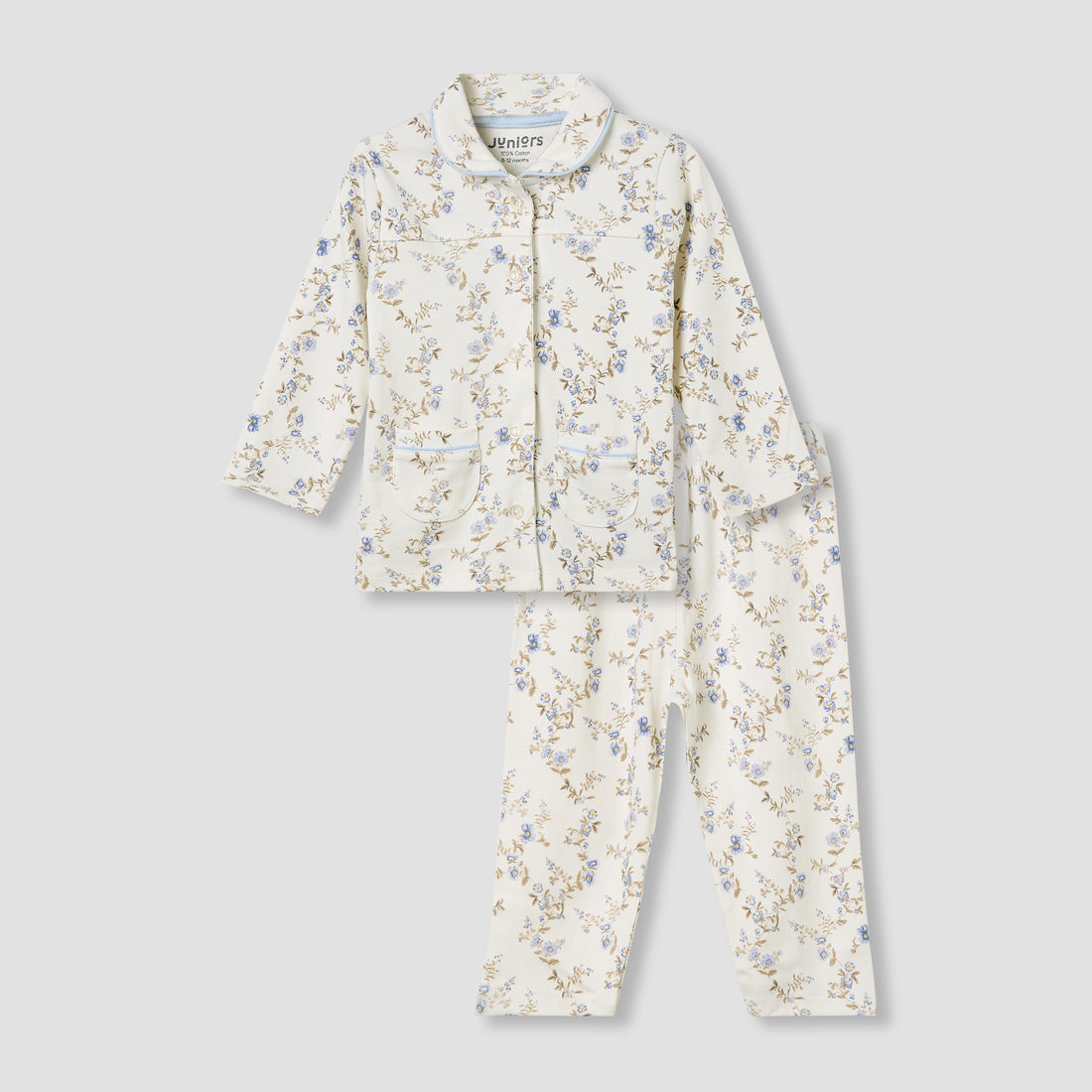 Juniors Pyjama Set with Floral Print - Cotton - Long Sleeves - Collar - Cream / 9-12 mths