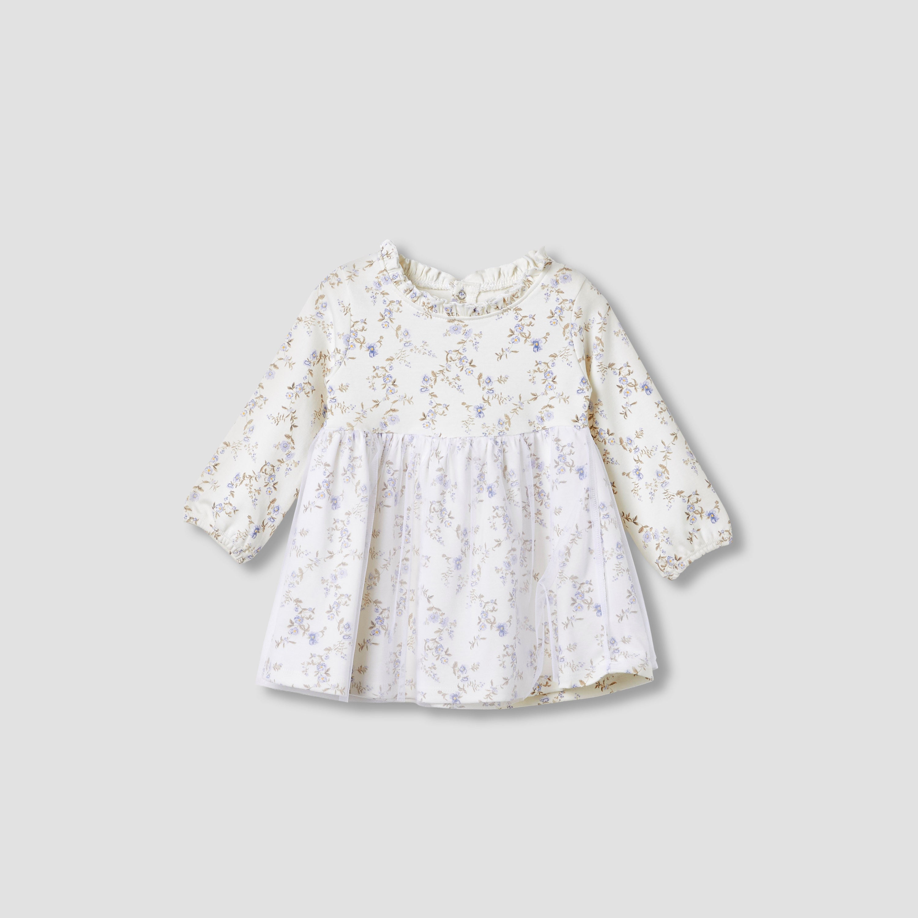 Juniors Girls Dress with Floral Print - Cotton - Long Sleeves - Round Neck - Cream / 9-12 mths