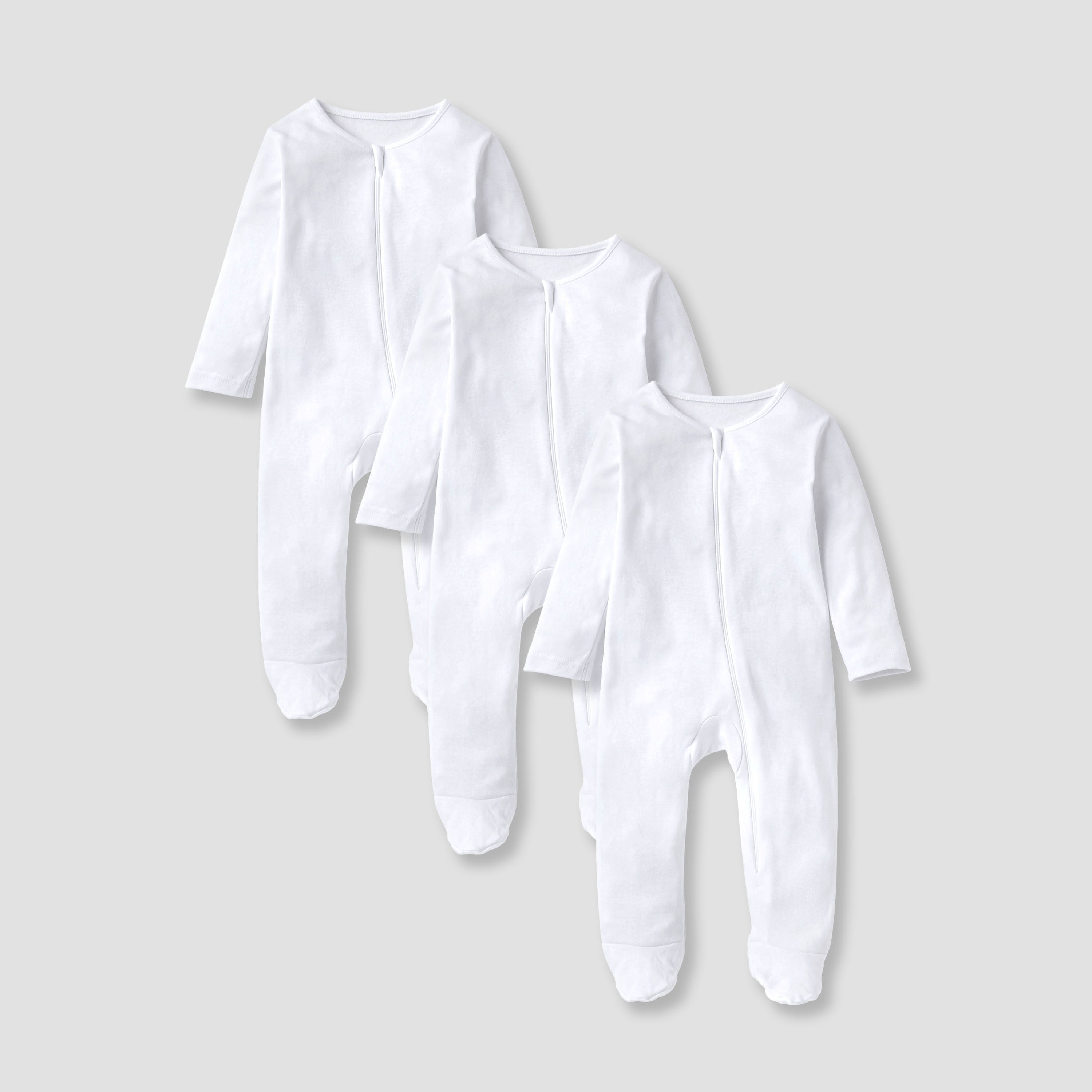 Juniors Solid Sleepsuit with Long Sleeves and Zip Closure - Set of 3 - White / 12-18 mths