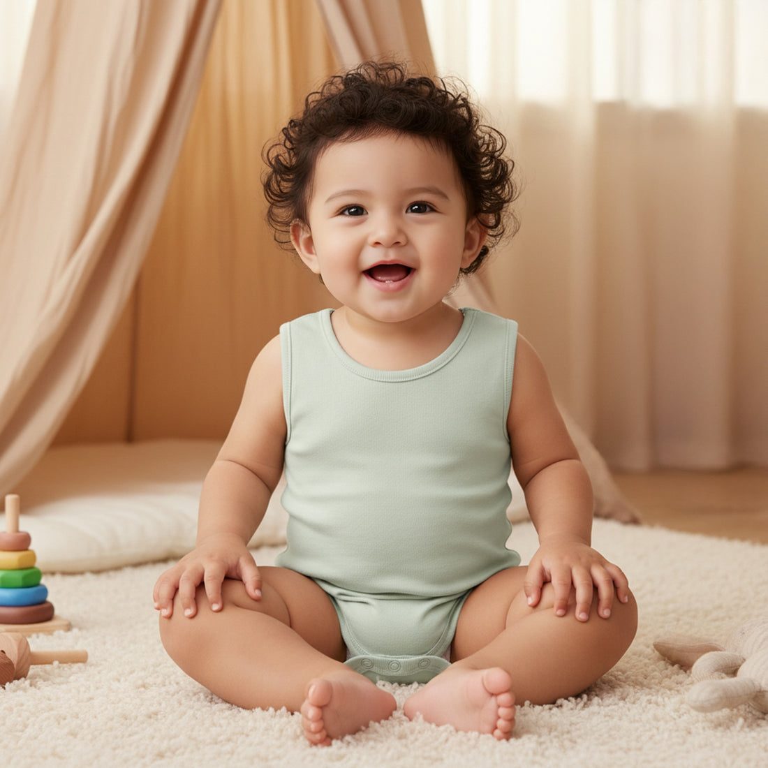 Juniors Solid Sleeveless Bodysuit with Snap Button Closure - Green / 12-18 mths