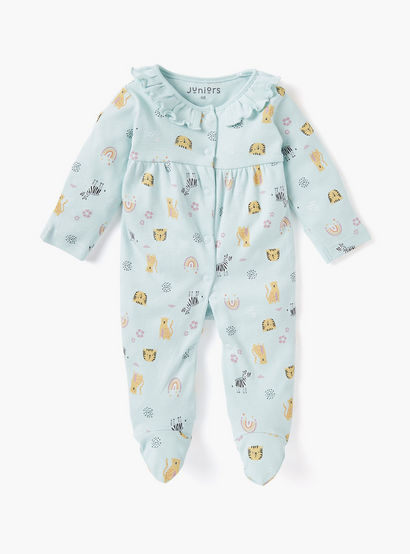 Juniors Printed Sleepsuit with Long Sleeves and Zip Closure-baby-girls-clothing-nightwear-sleepsuits-image-1