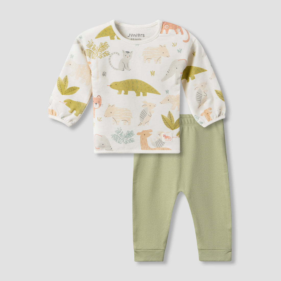 Juniors Cotton Crew Neck Long Sleeves Pyjama Set with Safari Print - Green / 12-18 mths