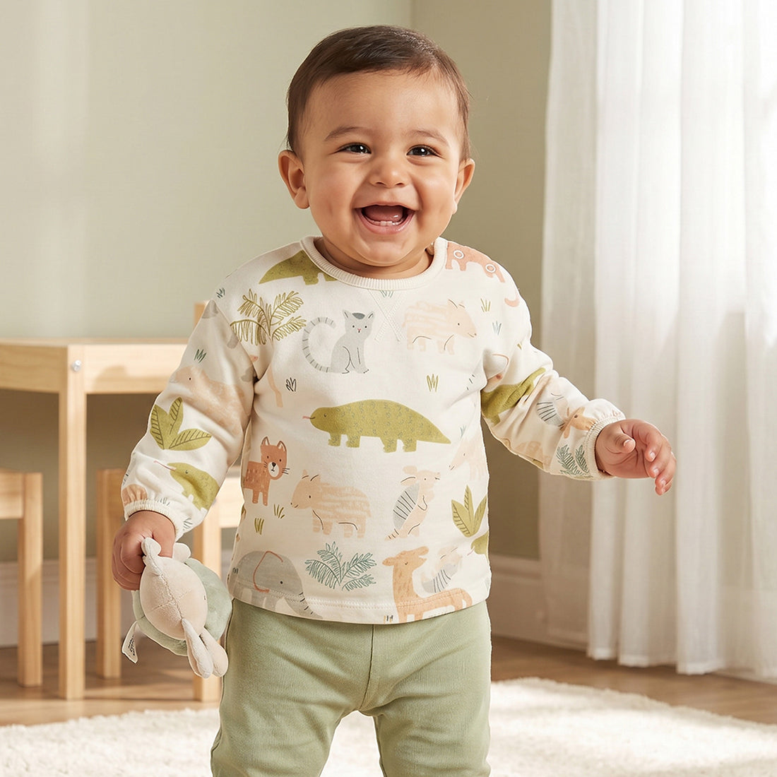 Juniors Cotton Crew Neck Long Sleeves Pyjama Set with Safari Print - Green / 18-24 mths