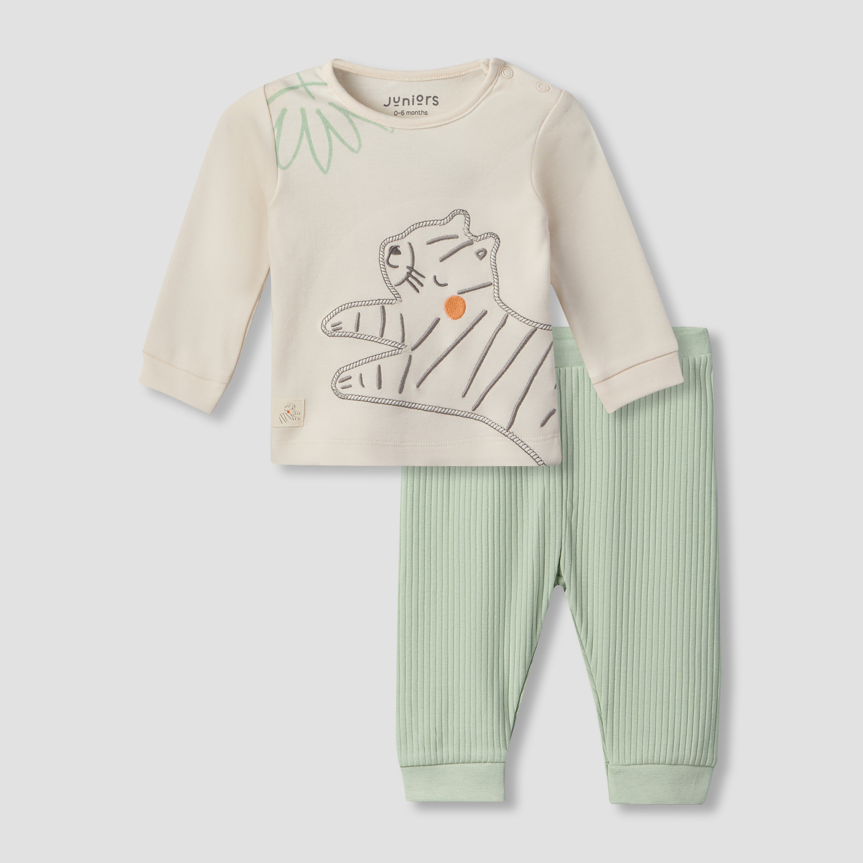 Juniors Cotton Crew Neck Long Sleeves Pyjama Set with Tiger Embroidery - Multicolour / 12-18 mths