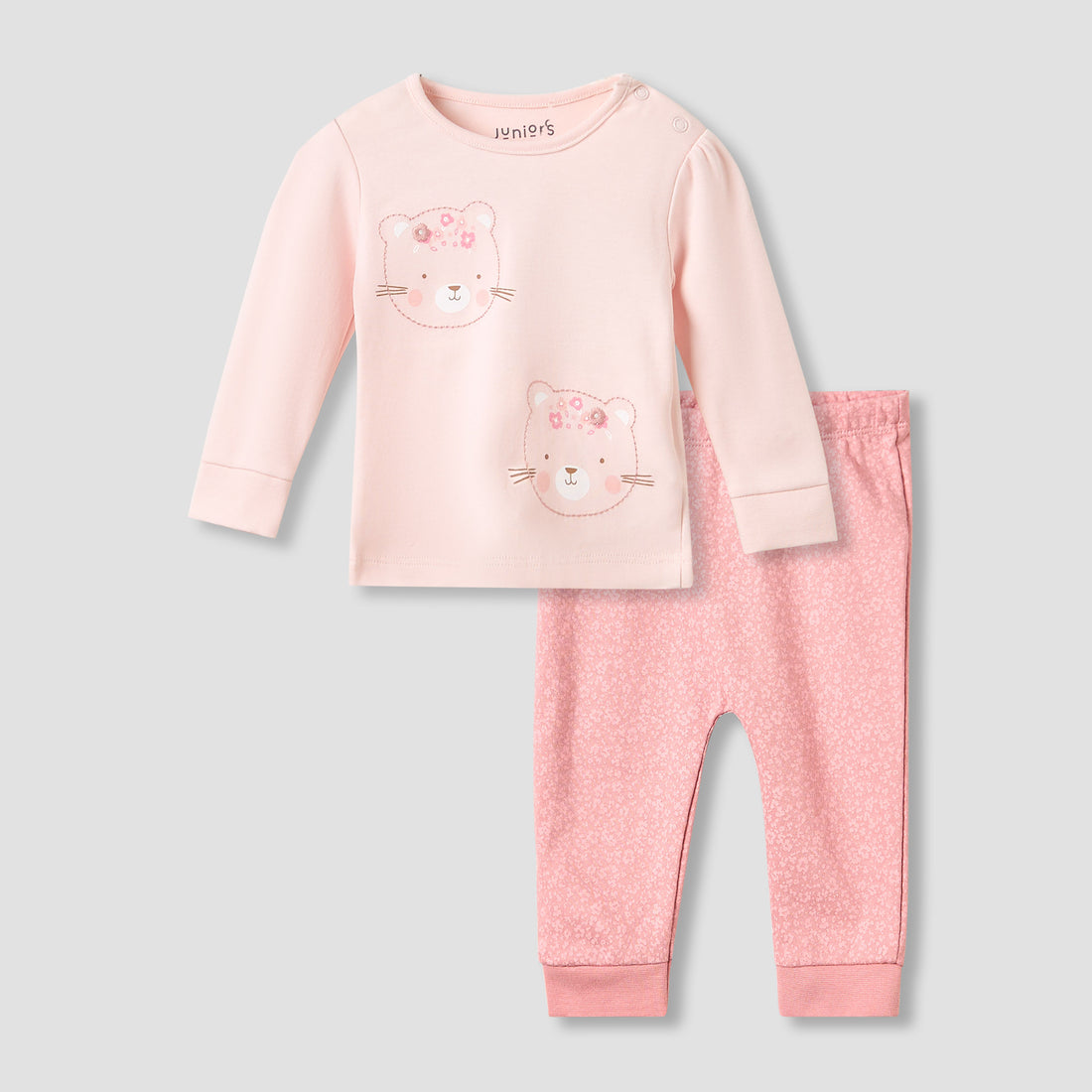 Juniors Pyjama Set with Bear Print - Cotton - Long Sleeves - Crew Neck - Pink / 12-18 mths