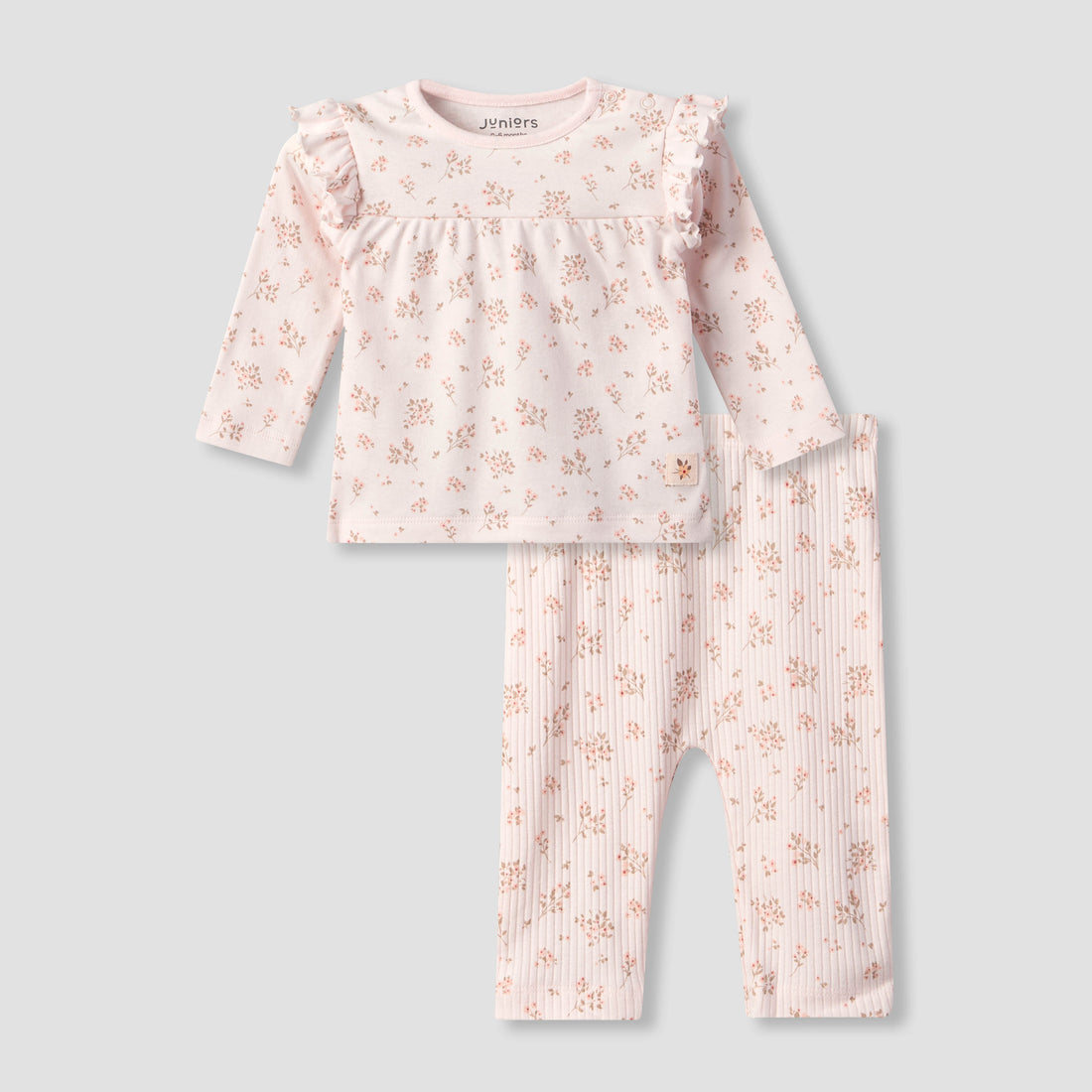 Juniors Cotton Crew Neck Long Sleeves Pyjama Set with Floral Print - Pink / 12-18 mths