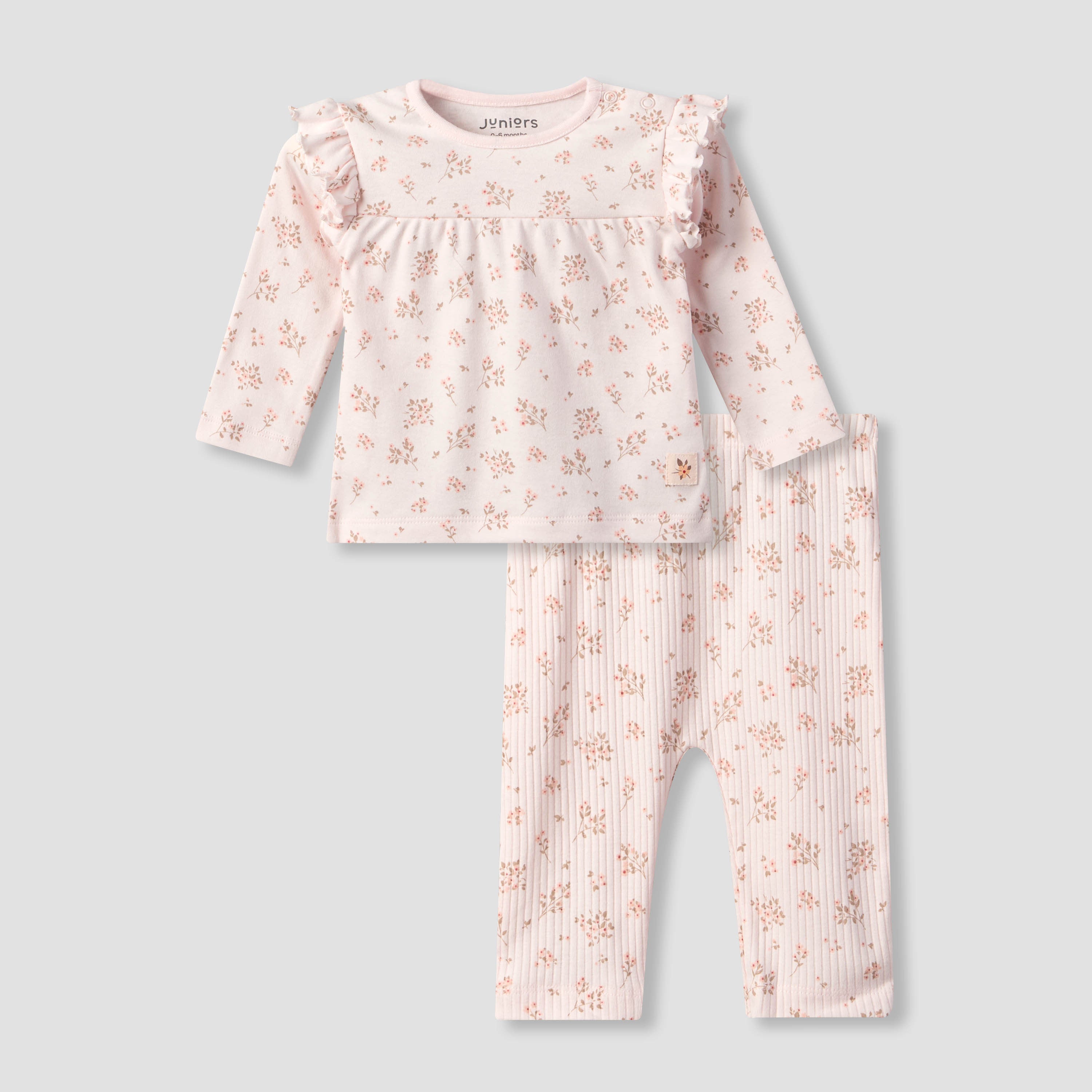 Juniors Cotton Crew Neck Long Sleeves Pyjama Set with Floral Print - Pink / 12-18 mths