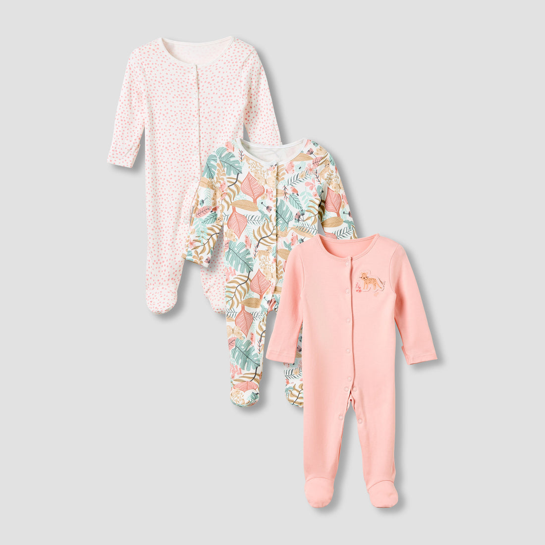 Juniors Crew Neck Sleepsuit with Print - Cotton - Long Sleeves - Set of 3 - Pink / 12-18 mths
