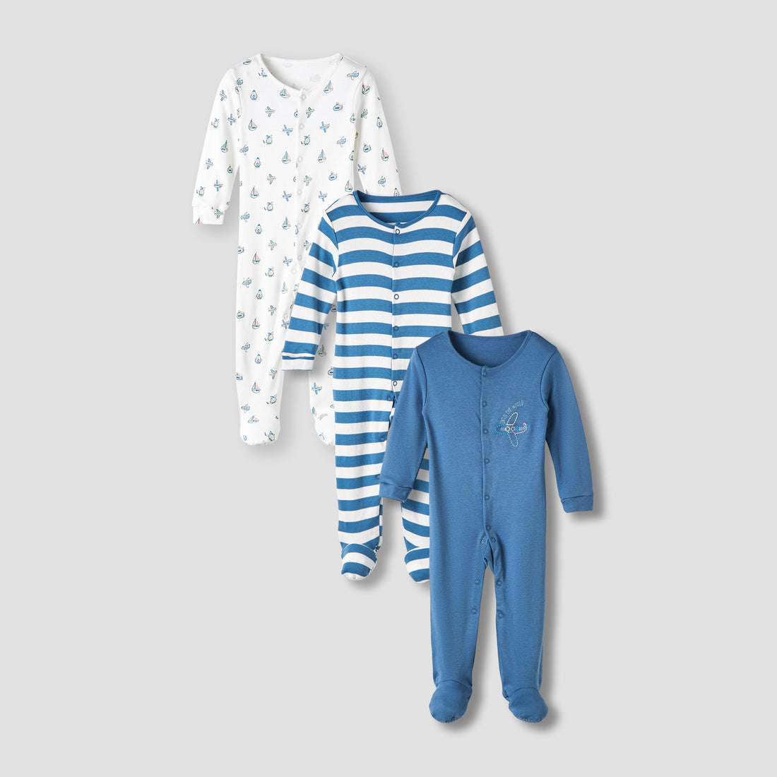 Juniors Round Neck Sleepsuit with Snap Button Closure - Cotton - Long Sleeves - Blue / 12-18 mths