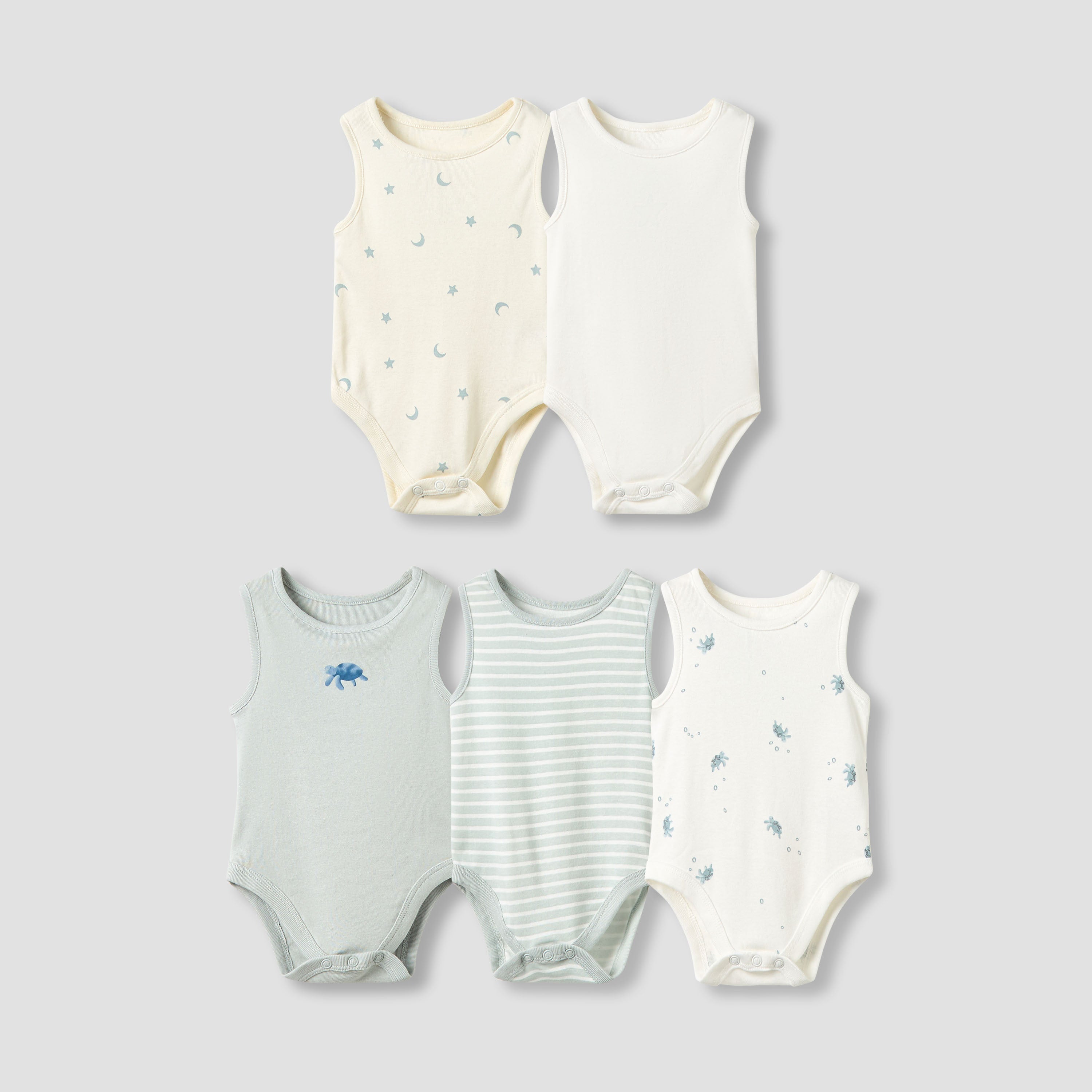 Set of 5, Juniors Crew Neck Sleeveless Bodysuit with Button Closure