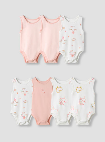 Juniors Round Neck Bodysuit with Snap Button Closure - Cotton - Sleeveless - Set of 7-baby-boys-clothing-multipacks-image-1