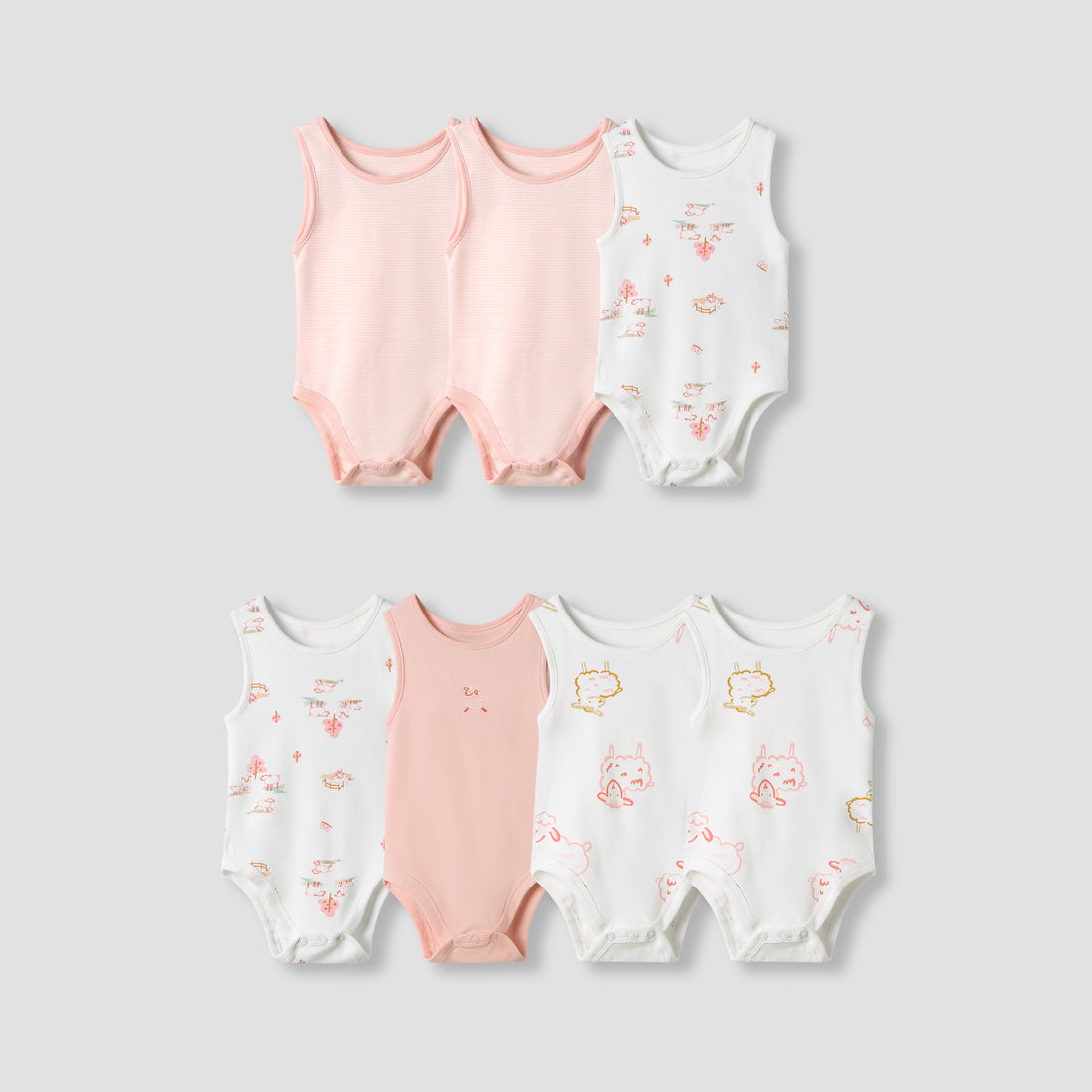 Juniors Round Neck Bodysuit with Snap Button Closure - Cotton - Sleeveless - Set of 7 - Pink / 18-24 mths