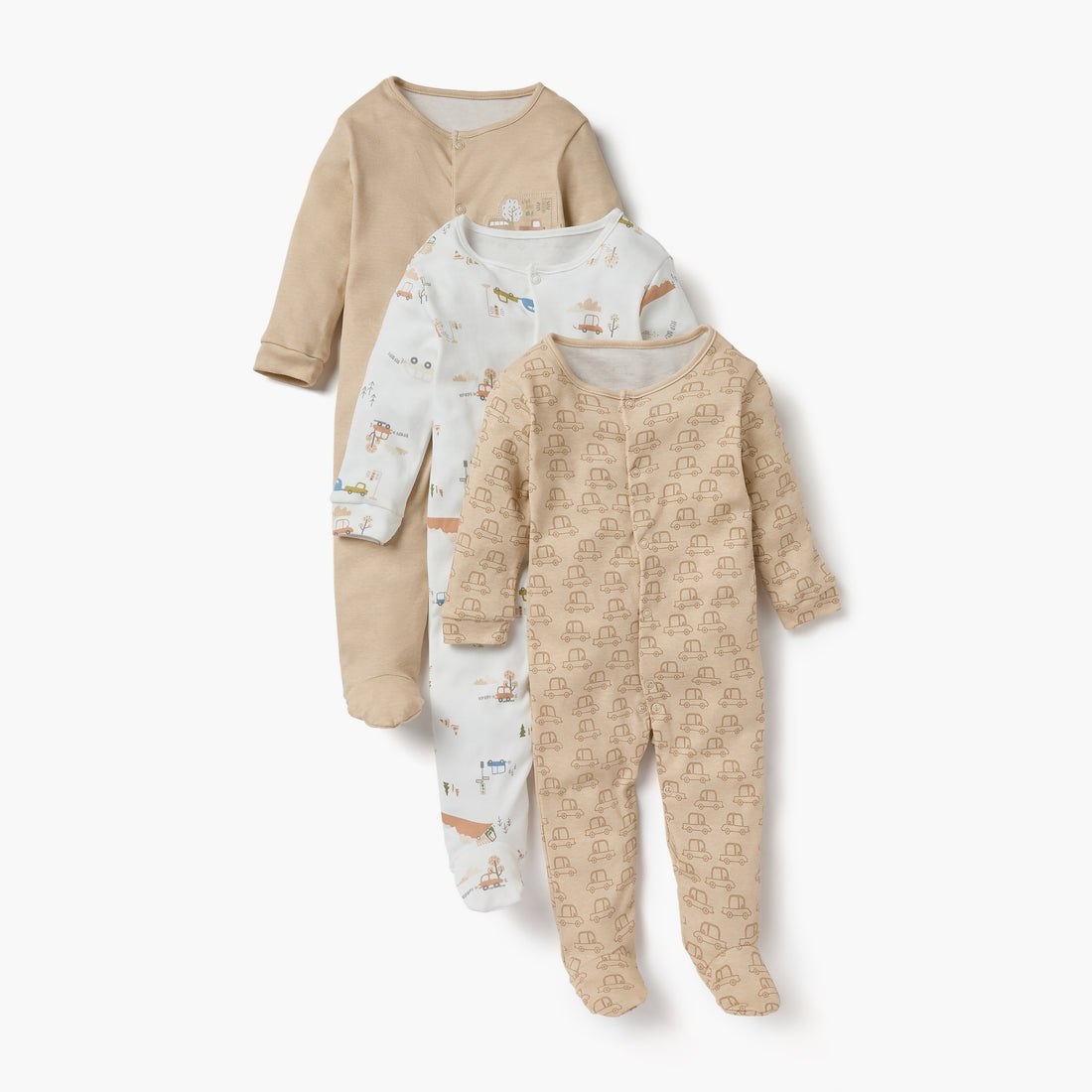 Juniors Printed Sleepsuit with Long Sleeves and Button Closure - Set of 3 - Multicolour / 12-18 mths