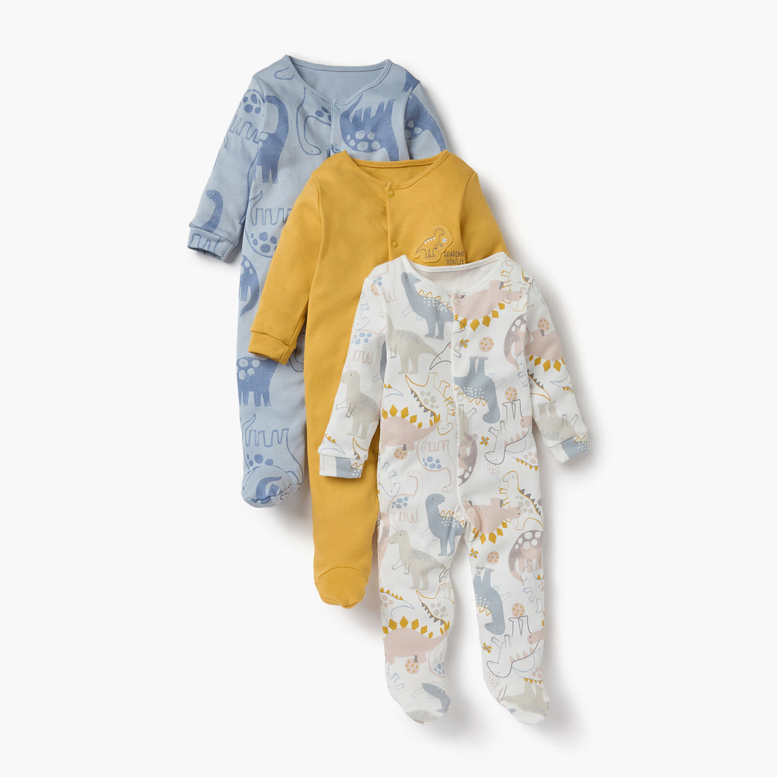 Juniors Dinosaur Print Sleepsuit with Long Sleeves - Set of 3 - Multicolour / 12-18 mths