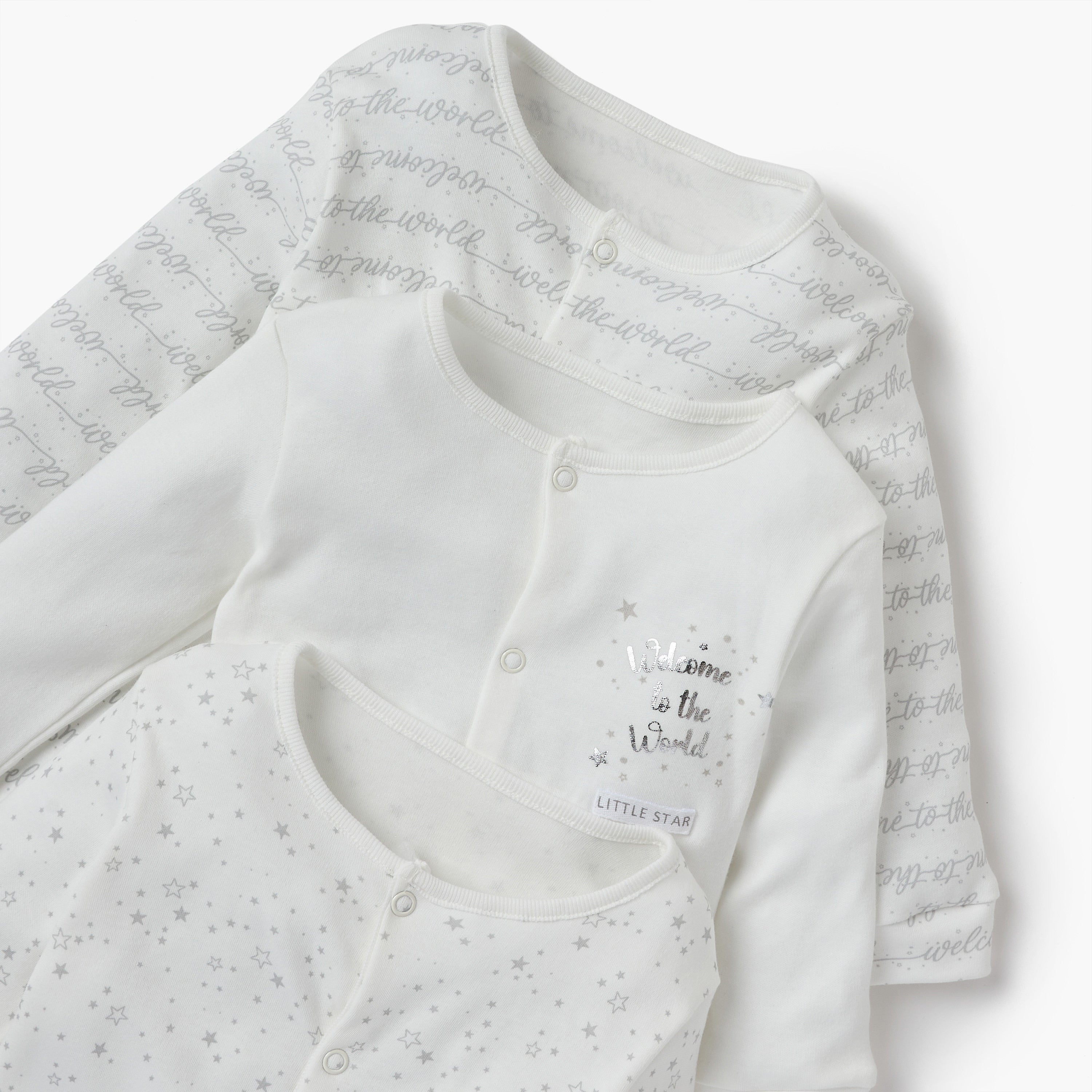 Juniors Printed Sleepsuit with Long Sleeves and Button Closure - Set of 3