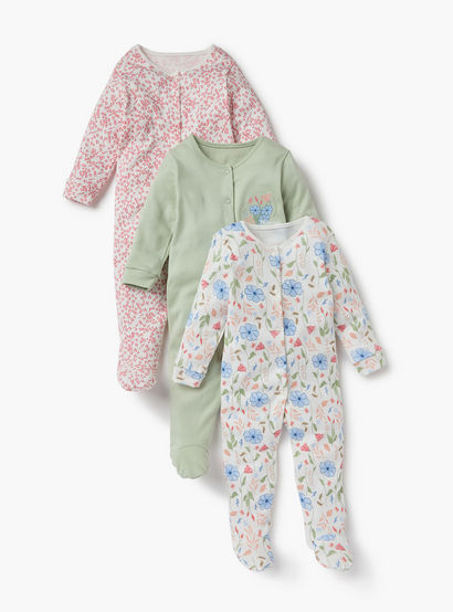 Juniors Printed Sleepsuit with Long Sleeves and Button Closure - Set of 3-baby-girls-clothing-nightwear-sleepsuits-image-1