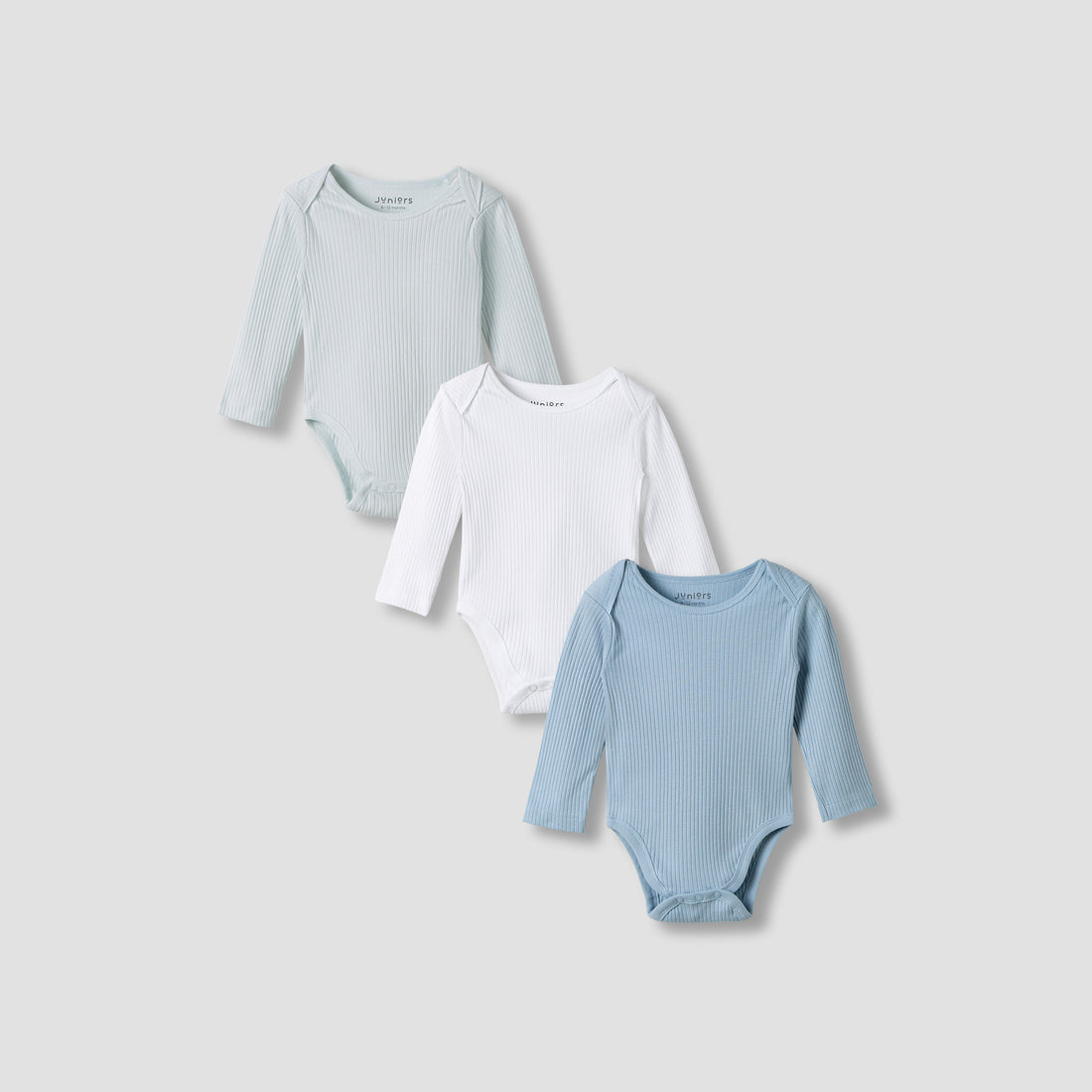 Juniors Round Neck Bodysuit with Snap Button Closure - Cotton - Long Sleeves - Set of 3 - Blue / 24-36 mths