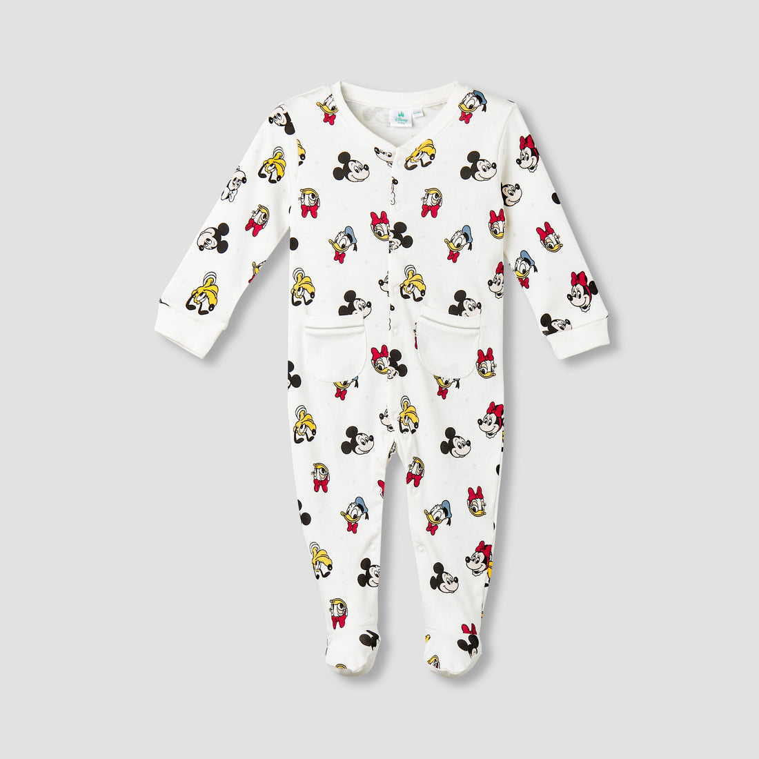 Disney Cotton Round Neck Long Sleeves Sleepsuit with Mickey Mouse and Friends Print - White / 9-12 mths