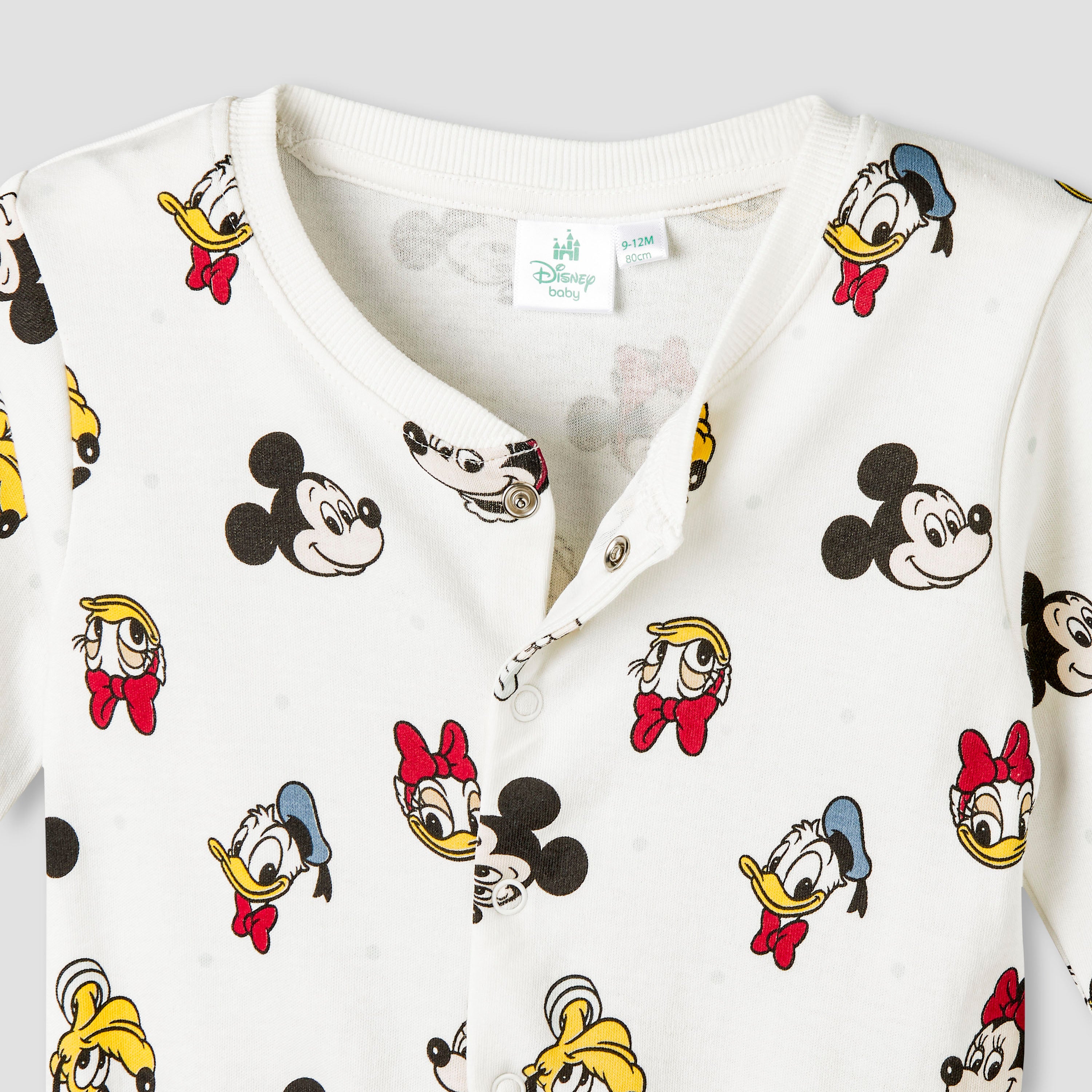 Disney Cotton Round Neck Long Sleeves Sleepsuit with Mickey Mouse and Friends Print