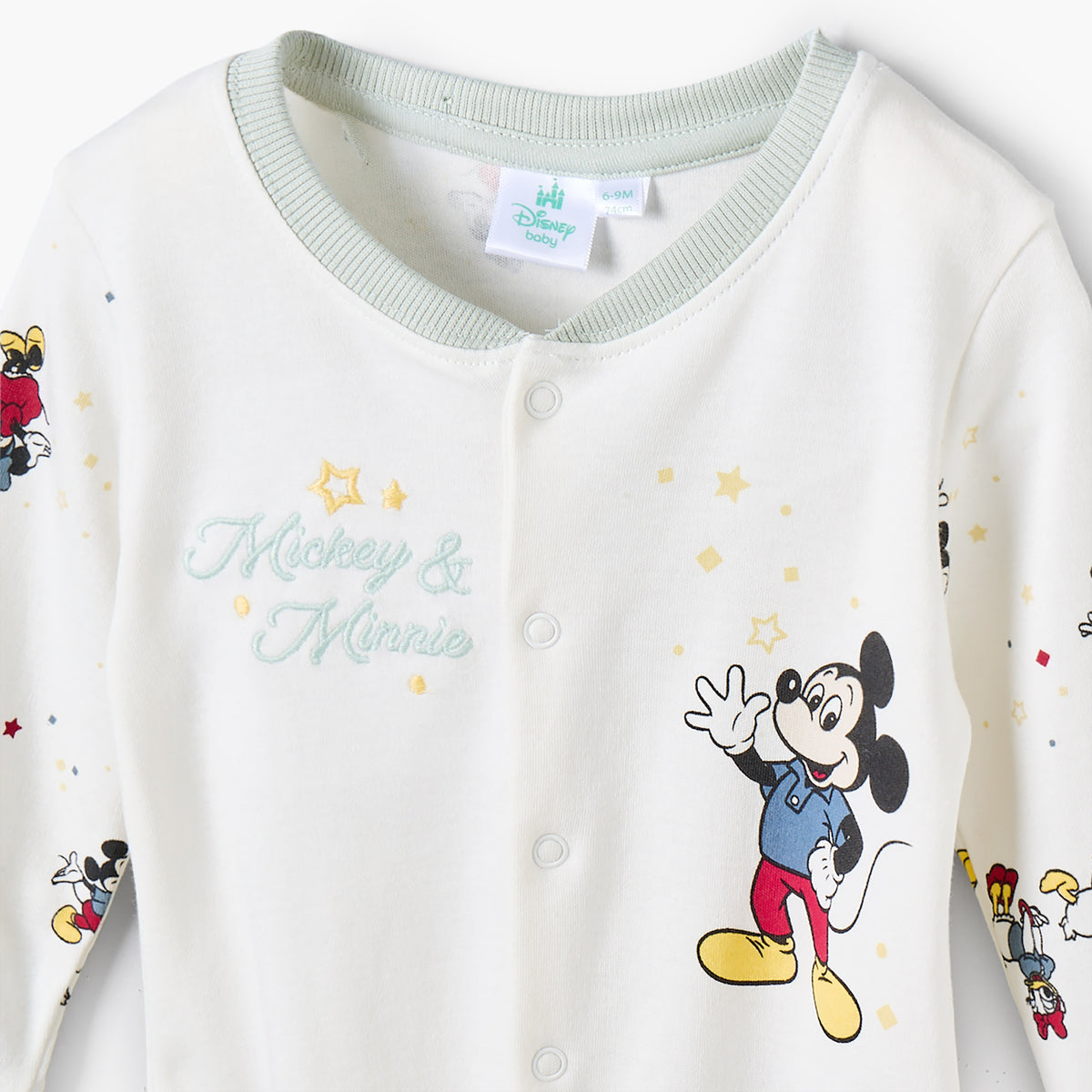 Disney Cotton Round Neck Long Sleeve Sleepsuit with Mickey and Minnie Mouse Print