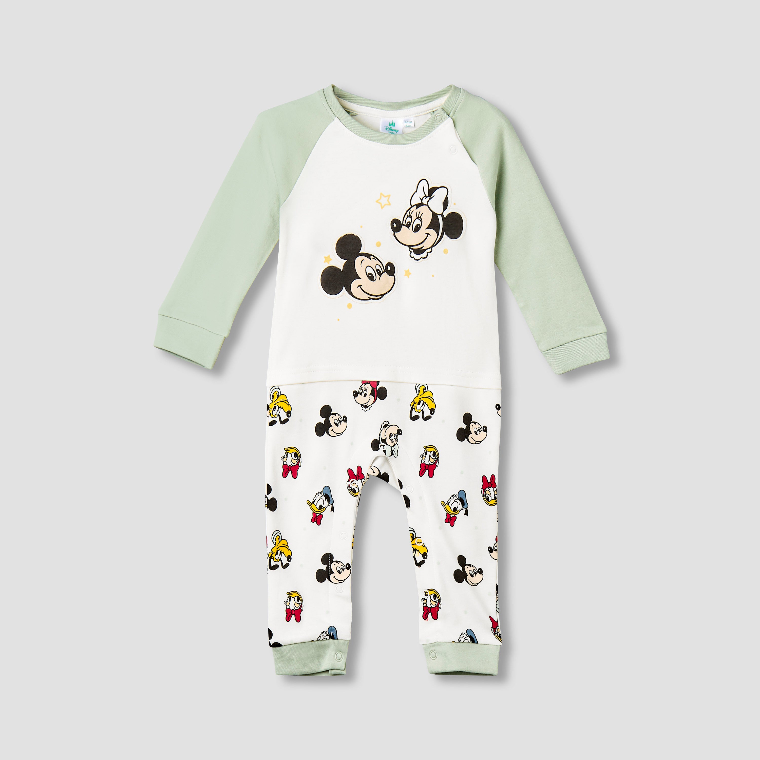 Disney Cotton Crew Neck Long Sleeves Sleepsuit with Mickey and Friends Print - Green / 12-18 mths