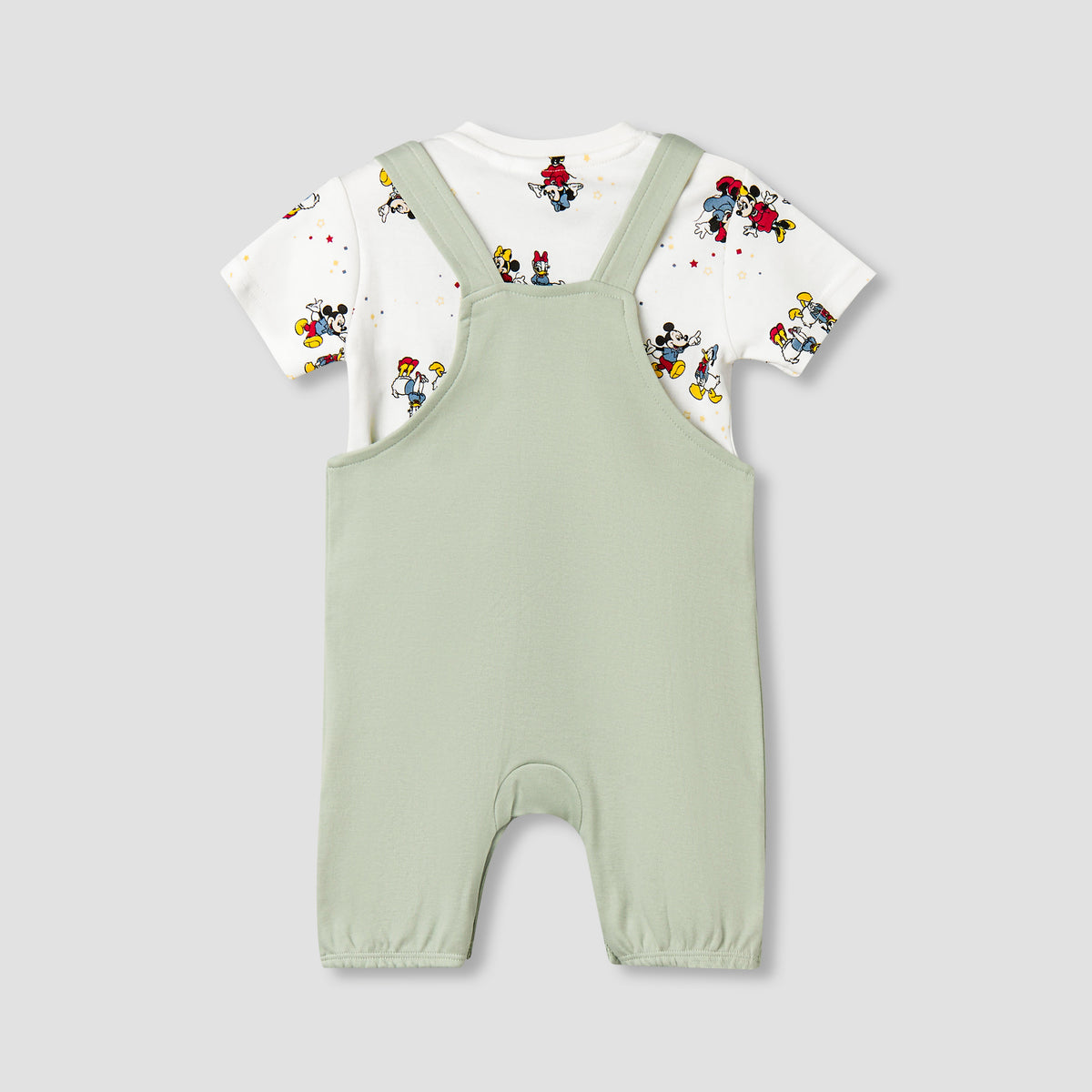 Disney Round Neck Short Sleeve T-shirt and Dungaree Set with Mickey Mouse and Friends Print