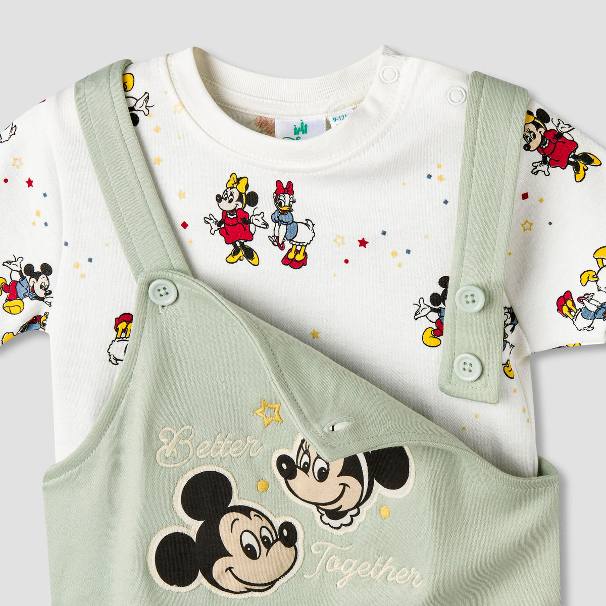 Disney Round Neck Short Sleeve T-shirt and Dungaree Set with Mickey Mouse and Friends Print