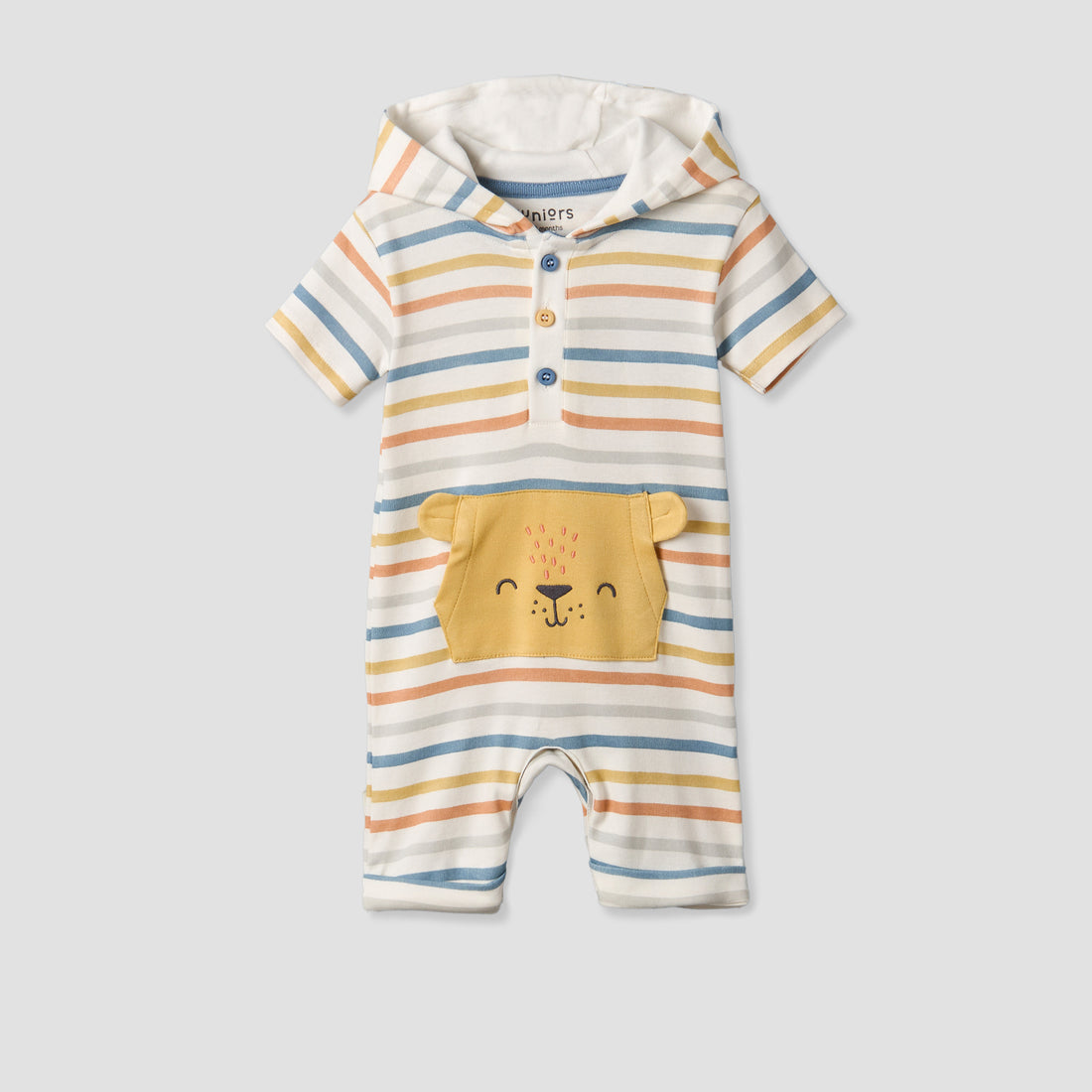 Juniors Hooded Neck Short Sleeves Romper with Stripes - Multicolour / 12-18 mths