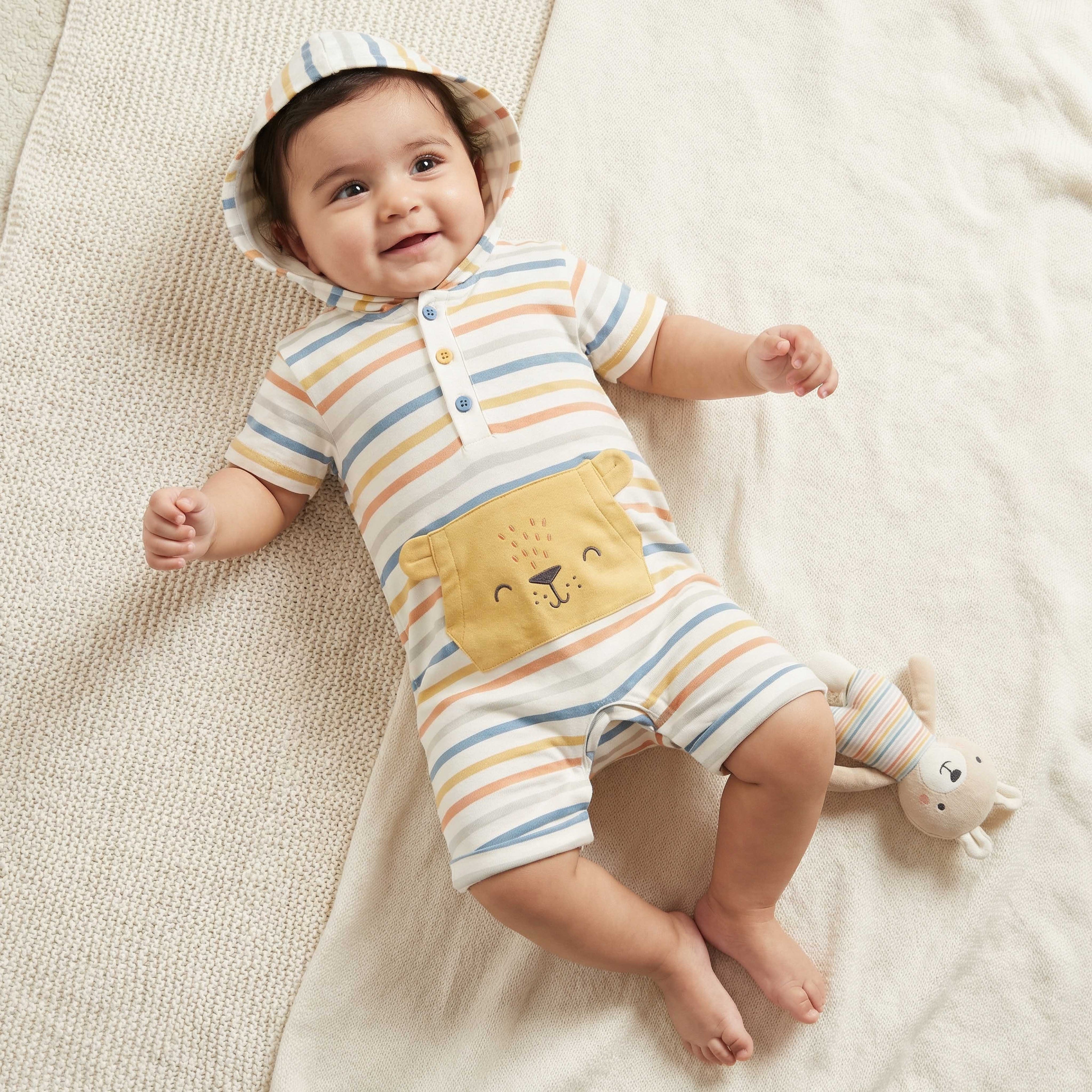 Juniors Hooded Neck Short Sleeves Romper with Stripes