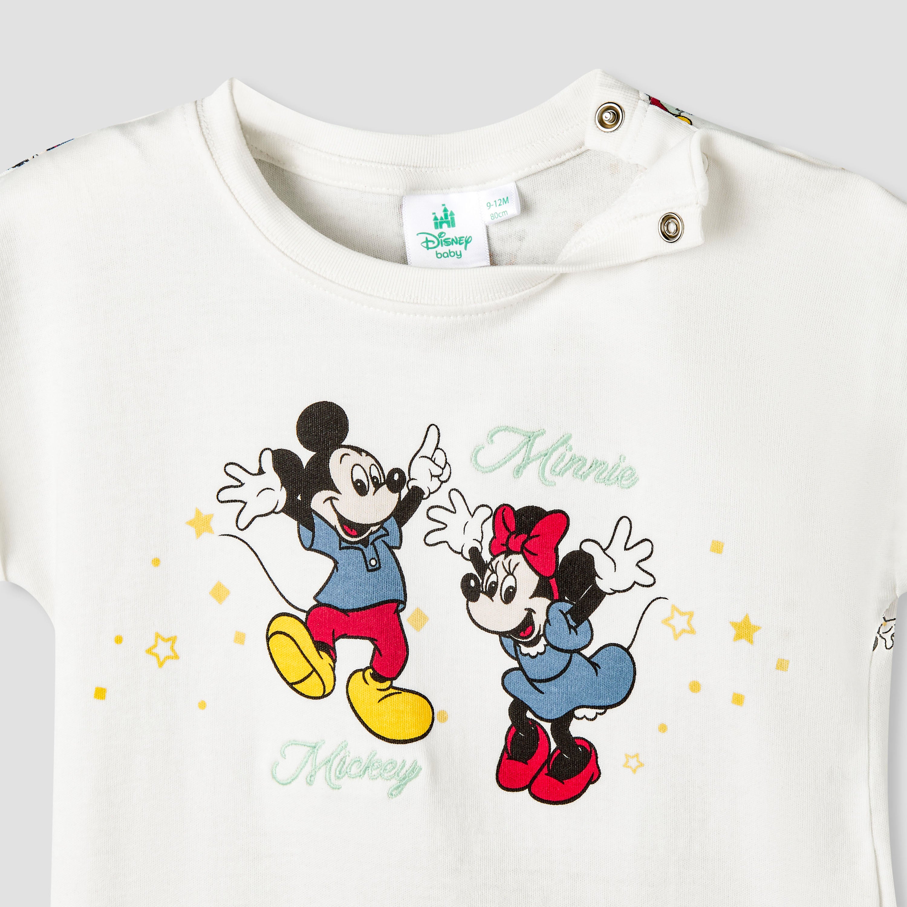 Disney Round Neck Short Sleeve Romper with Mickey and Minnie Mouse Print