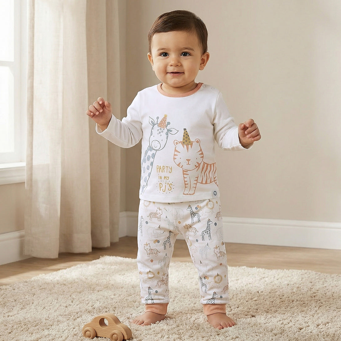 Juniors Cotton Crew Neck Long Sleeves Pyjama Set with Safari Print - White / 12-18 mths
