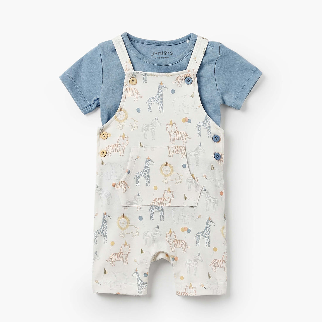 Juniors Crew Neck Short Sleeves T-shirt and Dungaree Set with Safari Print - Multicolour / 12-18 mths
