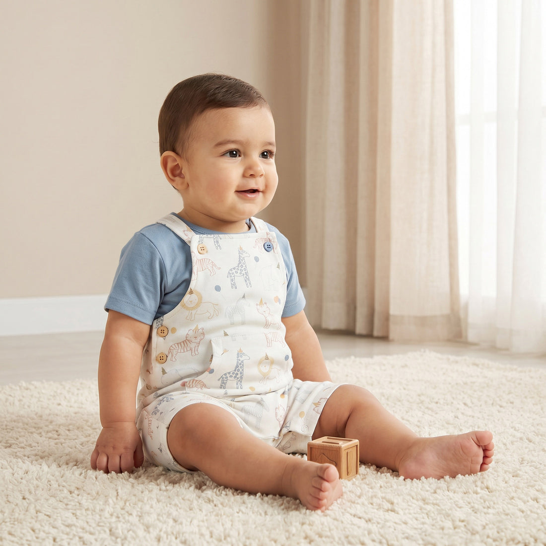 Juniors Crew Neck Short Sleeves T-shirt and Dungaree Set with Safari Print - Multicolour / 12-18 mths