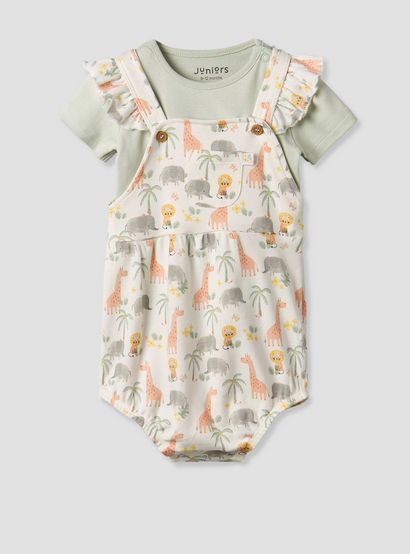 Juniors Round Neck Short Sleeves T-shirt and Dungaree Set with Safari Print-baby-girls-clothing-setsandcoords-image-2