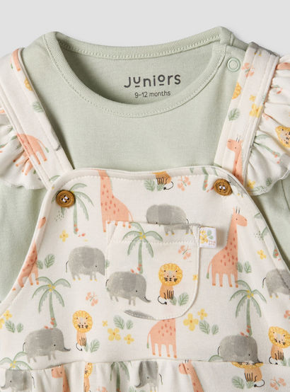 Juniors Round Neck Short Sleeves T-shirt and Dungaree Set with Safari Print-baby-girls-clothing-setsandcoords-image-5