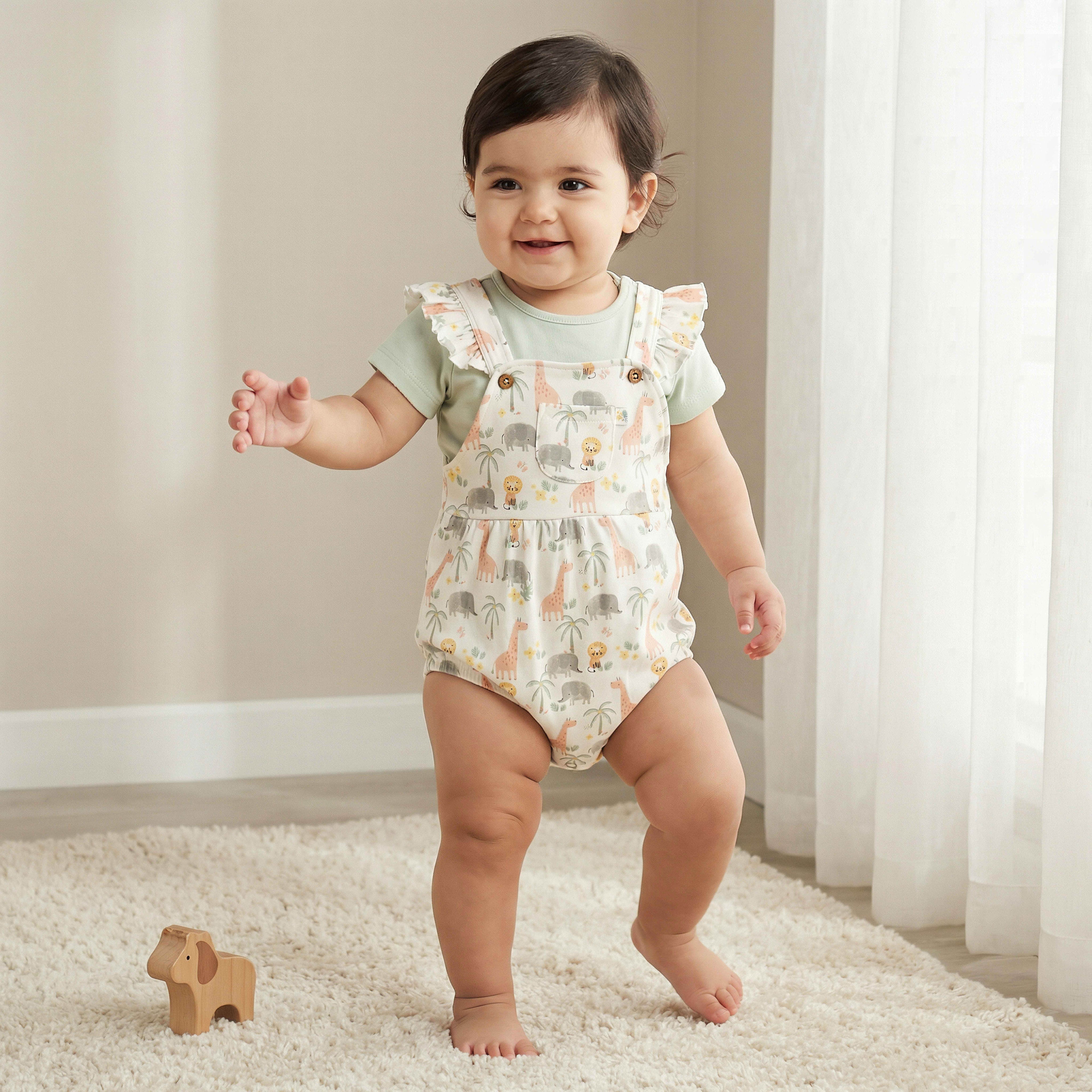 Juniors Round Neck Short Sleeves T-shirt and Dungaree Set with Safari Print - Pink / 12-18 mths
