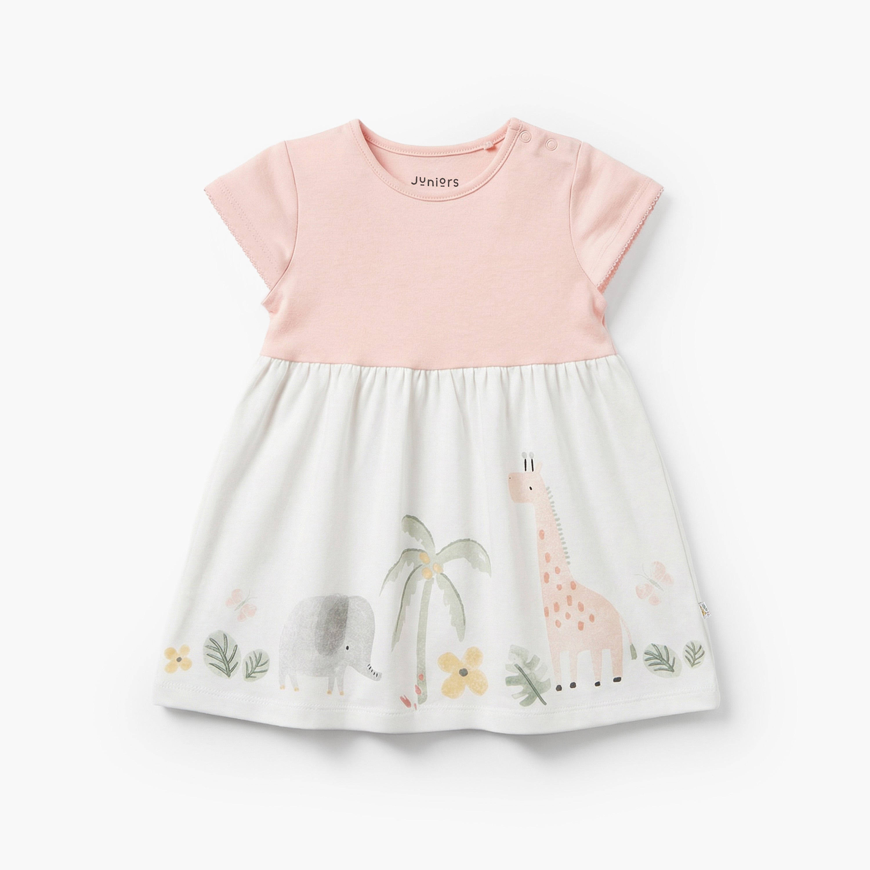 Juniors Round Neck Short Sleeves A-line Dress with Safari Print