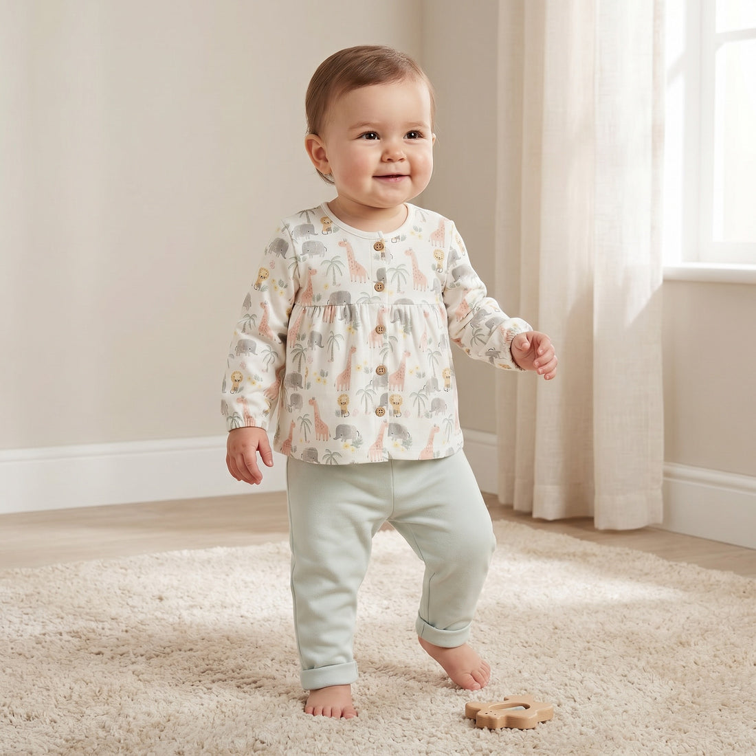 Juniors Cotton Round Neck Long Sleeves Pyjama Set with Safari Print - Green / 12-18 mths