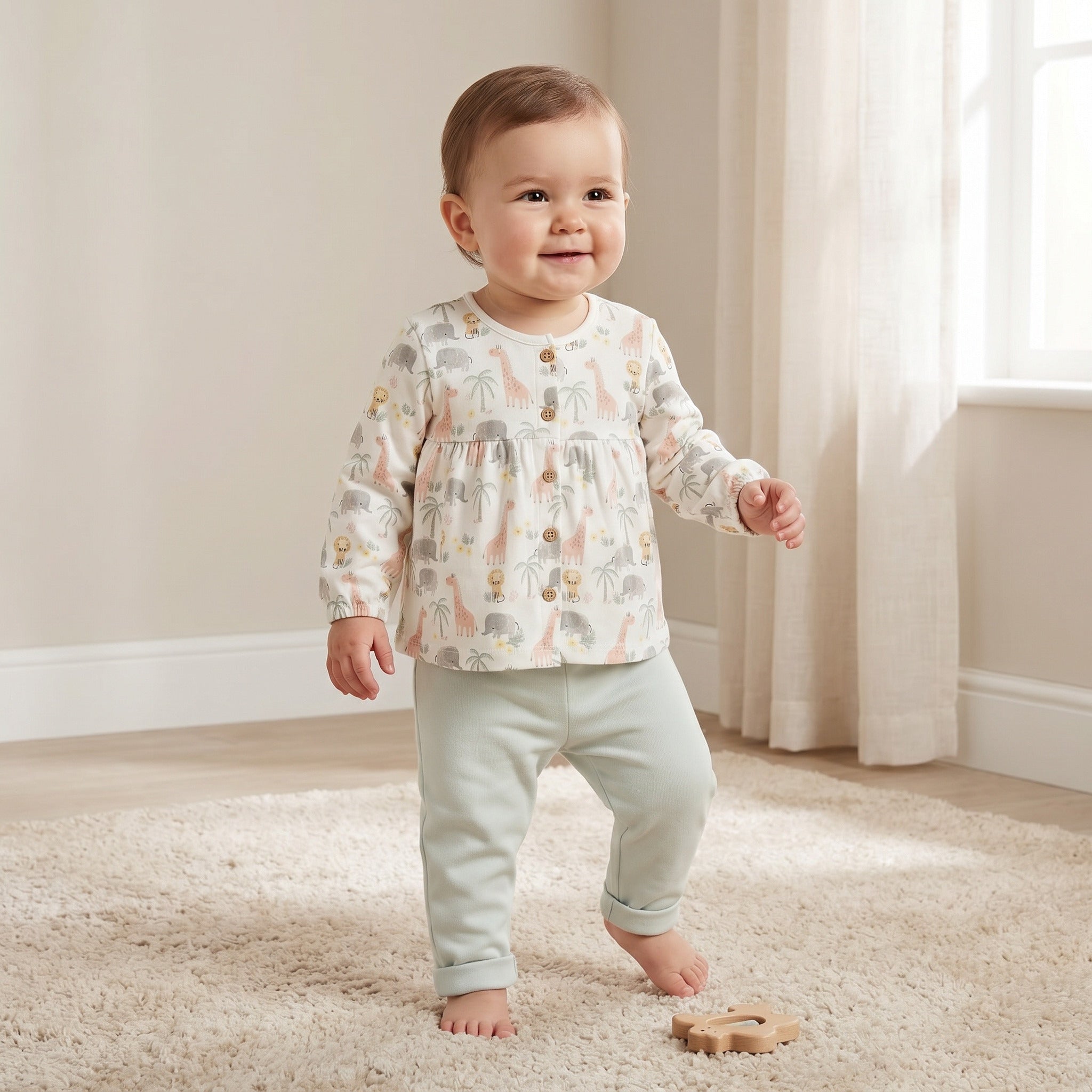 Juniors Cotton Round Neck Long Sleeves Pyjama Set with Safari Print - Green / 12-18 mths